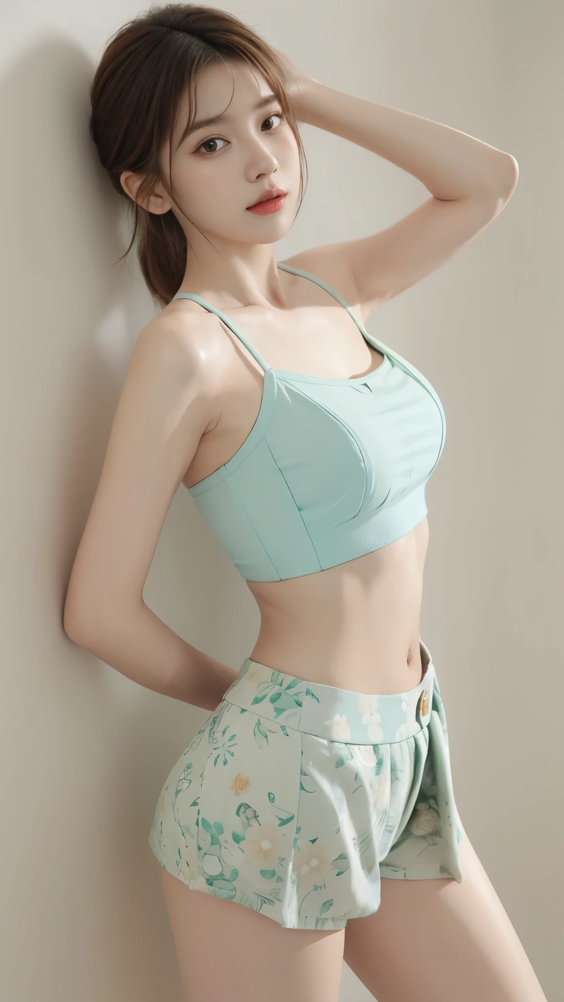 a woman in a floral crop top and mint skirt posing for a picture, croptop, crop top, bralette, wearing white camisole, bae suzy, wearing a camisole, physical : tinyest midriff ever, gorgeous young korean woman, heonhwa choe, cutecore, lulu chen, reluvy5213