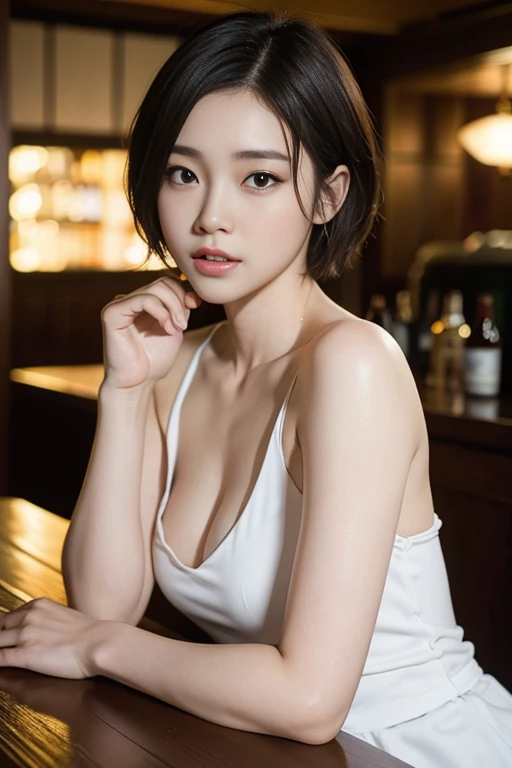short cut hair,beautiful,K-POP idol,japanese idol,japanese actress,High resolution,beautiful skin,8K,RAW photo,highest quality,masterpiece,realistic,photo-realistic,clear,professional lighting,highest quality,超High resolution,Beer,date at the bar,beer