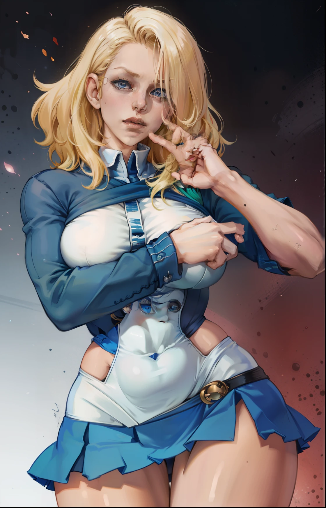 8k,masterpiece, bset quality,big, (1 girl), blue_eyes, blonde hair, long hair, professional lighting, (shiny skin: 1.2), shiny big, ((best quality)), sharp focus: 1.2, highly detailed face and skin texture, detailed eyes, perfect face, perfect body, blur art, cg, background, Big breasts, presence (20yo, mature cool and beautiful face), wearing ((blue skirt), white taut shirt, thigh), blush, (mittgal), random pose, top view, perfect eye, angry face