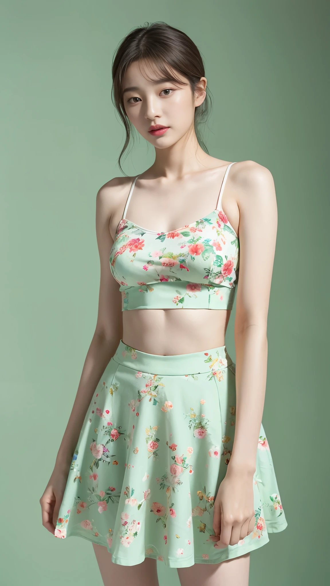 a woman in a floral crop top and mint skirt posing for a picture, croptop, crop top, bralette, wearing white camisole, bae suzy, wearing a camisole, physical : tinyest midriff ever, gorgeous young korean woman, heonhwa choe, cutecore, lulu chen, reluvy5213