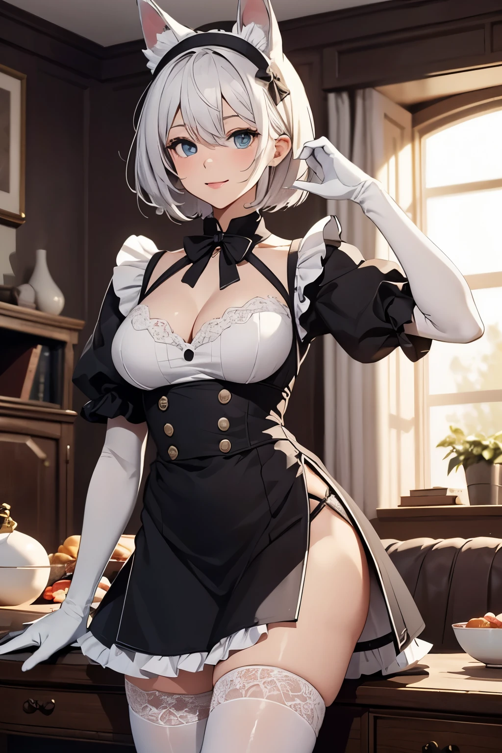 table top High level image quality best image quality 8K lady(I) portrait white long gloves white stockings maid((Tube top)blanche)) wolf ears short hair((shortcut)(gray hair)(perm)(fluffy)) eye color is blue smile(lure) background(Bedroom) Cover your face with your hands