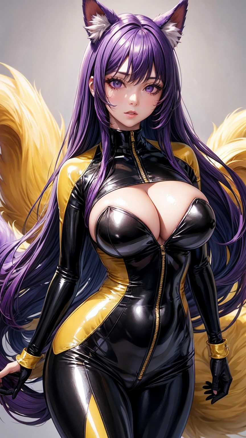 A girl, purple hair, long hair, straight hair, dog ears, bland and gold 1:1 latex suit, dog tail, fluffy tail, black tail,  purple eyes, eye shadow, big breast, nose, ruins background, depth of field, masterpiece quality, 16k, UHD, high quality, high resolution, super detailed eyes, super detailed image, 