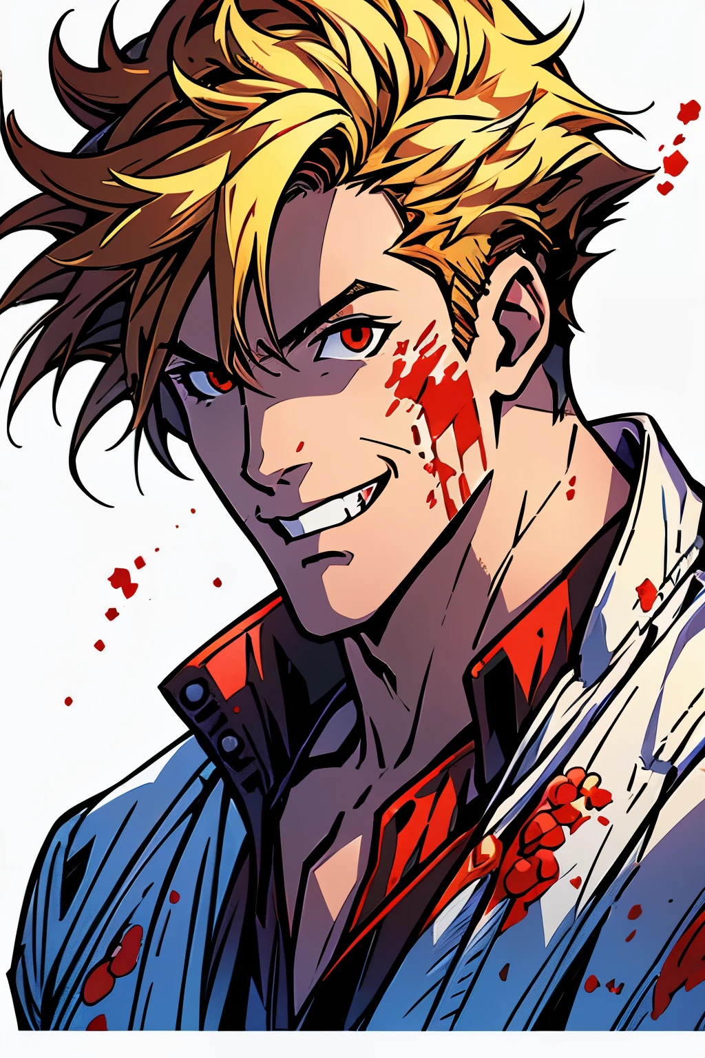 (best quality)), ((masterpiece)), (detailed), anime, shiro, tousled hair, front face, Jacket, no background, bloody on clothes, male focus, white background, front view, blond, shades, crazy smile, blood on face, teenager