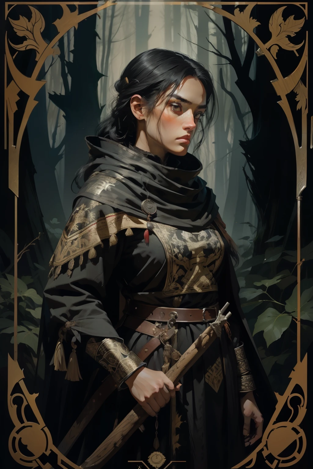 woman, the national dress of the peoples of the North, a hunter, an axe in her hands, loose black hair, dark forest background, tarot style, medieval patterned frame