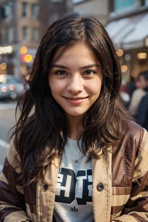 Generate an authentic lifestyle scene featuring a smiling young woman in an urban environment, exuding confidence and warmth. Highlight the subject's fashion-forward, trendy style in a close-up shot, paying attention to realistic skin textures and capturing the fine details of the individual's expression and clothing.