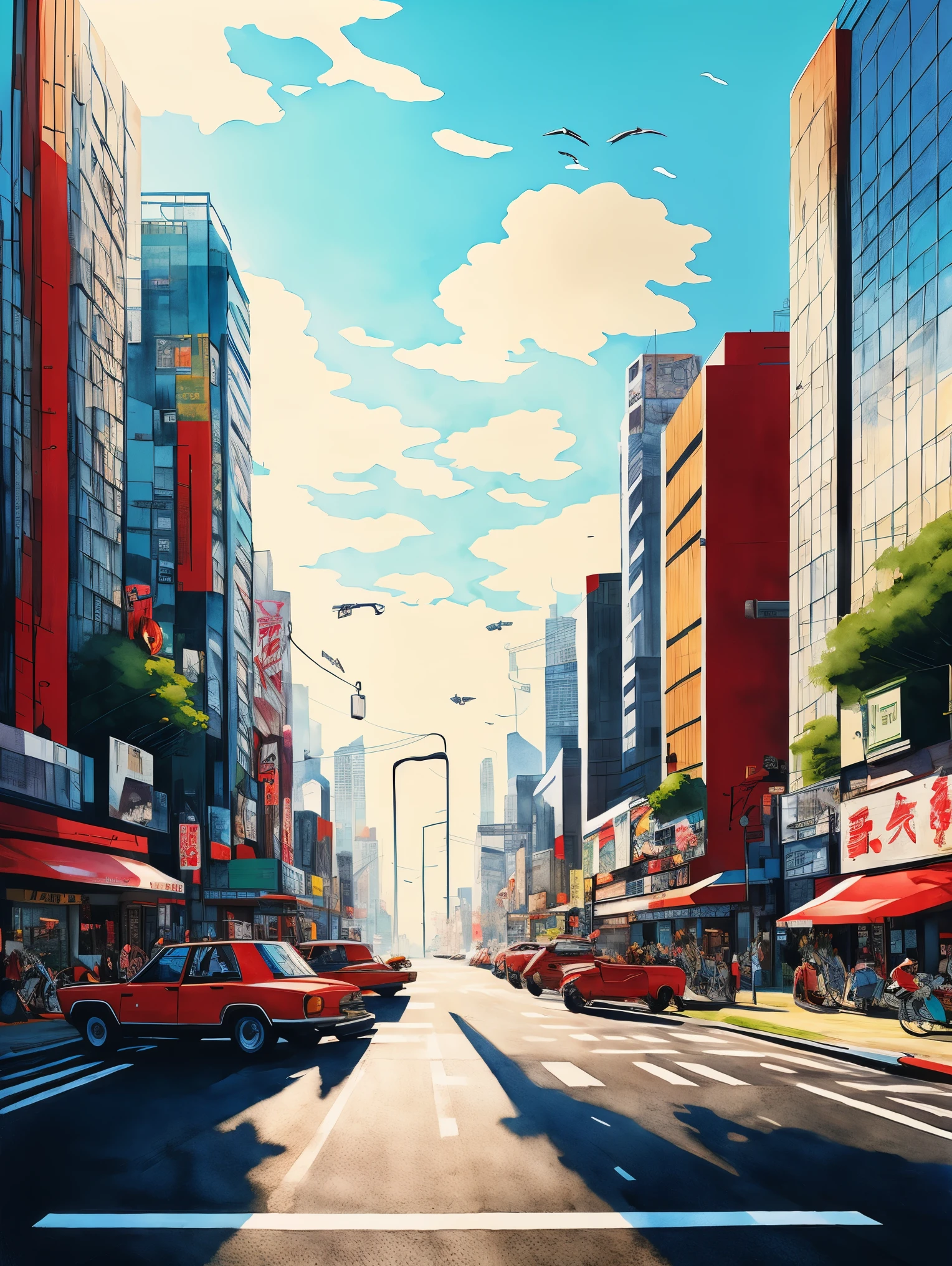 ((best quality)), ((masterpiece)), (detailed), watercolor. Low-angle perspective, a Japanese punk with blonde hair and red lips. cityscape, city pop aesthetics, minimalism