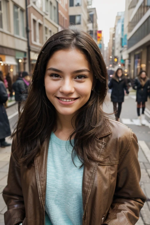 Generate an authentic lifestyle scene featuring a smiling young woman in an urban environment, exuding confidence and warmth. Highlight the subject's fashion-forward, trendy style in a close-up shot, paying attention to realistic skin textures and capturing the fine details of the individual's expression and clothing.