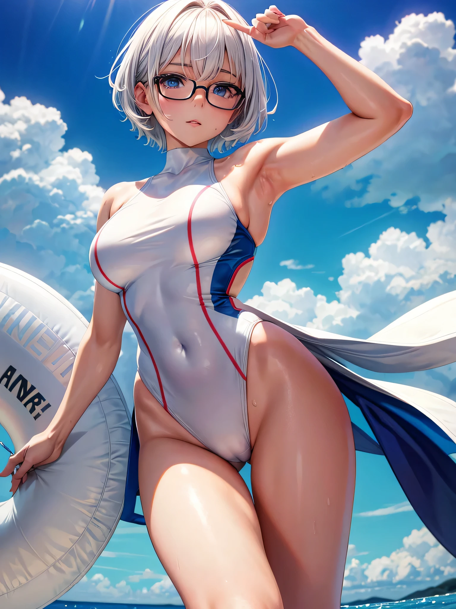 Top quality 8K UHD、pieces fly、cute eyes、Glasses、White competitive swimsuit、White latex high neck competitive swimsuit、white metallic high neck swimsuit、Glasses、short hair、Glassesをかけた短髪の銀髪美女、wet skin、from the chest up、Put your hands behind your hips