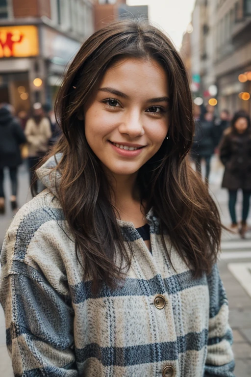 Generate an authentic lifestyle scene featuring a smiling young woman in an urban environment, exuding confidence and warmth. Highlight the subject's fashion-forward, trendy style in a close-up shot, paying attention to realistic skin textures and capturing the fine details of the individual's expression and clothing.