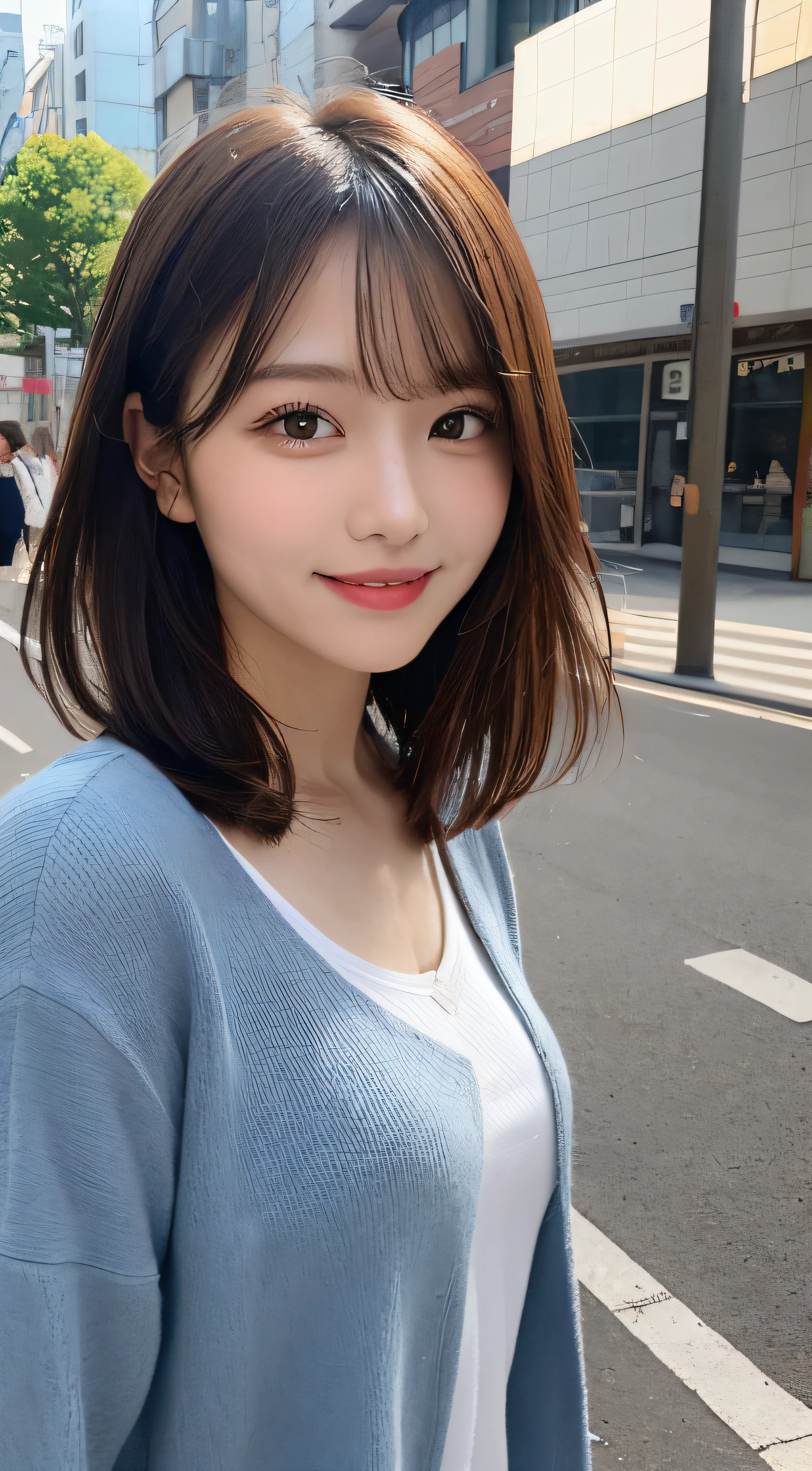 masutepiece, Best Quality, Illustration, Ultra-detailed, finely detail, hight resolution, 8K Wallpaper, Perfect dynamic composition, Beautiful detailed eyes, doress,Medium Hair, Big are visible, Natural Color Lip, Random and sexy poses,Smile,Aoyama Street Walk、20 years girl