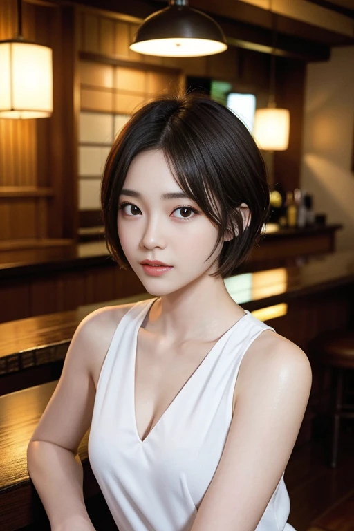 short cut hair,beautiful,K-POP idol,japanese idol,japanese actress,High resolution,beautiful skin,8K,RAW photo,highest quality,masterpiece,realistic,photo-realistic,clear,professional lighting,highest quality,超High resolution,Beer,date at the bar,beer