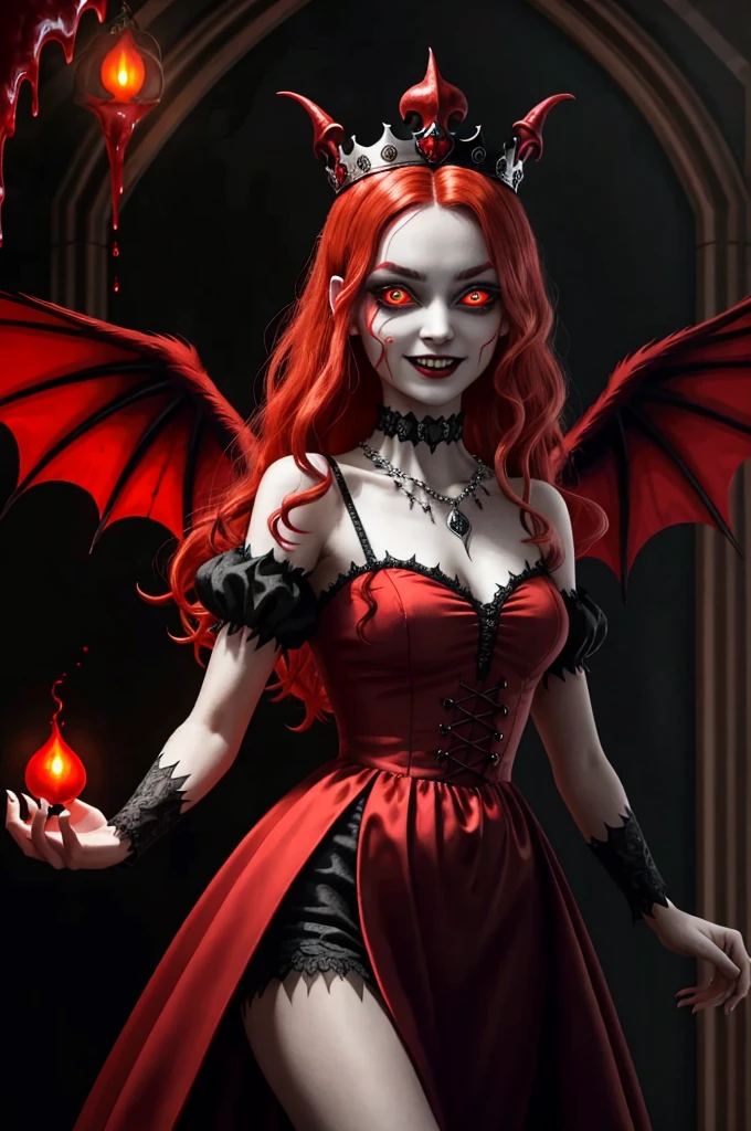 Evil and beautiful queen, edieval dresses, red messy hair, floating hair,(Glowing red eyes:1.5),Glowing red eyes,(Her eyeballs glow red:1.5),(has sharp fangs growing:1.2),Huge calamity々Devil's Wings,Very scary and ugly devil wings,Very complex and creepy demon wings,Huge and most terrifying demon wings,Blood Red Lip,facing front,Evil makeup,The perfect devil costume,(Mouth covered with blood:1.2),(A large amount of blood in the mouth:1.2),(Bright red blood dripping down his jaw:1.2),Maniacal,The background is a sinister and gothic medieval European castle,The background is the interior of a complex castle,Detailed backgrounds,Flames burning in the background,bonfire,Creepy satanic ritual in the background,A terrifying satanic ritual is taking place in the background,Terrifying demon statue in the background,Perfect gas chamber,Bewitching and sexy smile,castle at night,Devil decoration,Devil dress with intricate decorations, Devil's Black Dress,Intricate tiara,Dresses in black tones, large full breasts,Evil decoration, ruby decoration, Artistic Design Choker, Evil pattern decoration, ,Shining crown, Finest necklaces, artistic décor, Princess Dresses, Dresses with lots of jewelry, Chest that seems to burst,Dress with a narrow waist,A dress that tightens the waist,A detailed face, Highest Quality, 8K, SLR Camera Photography,Award-winning works