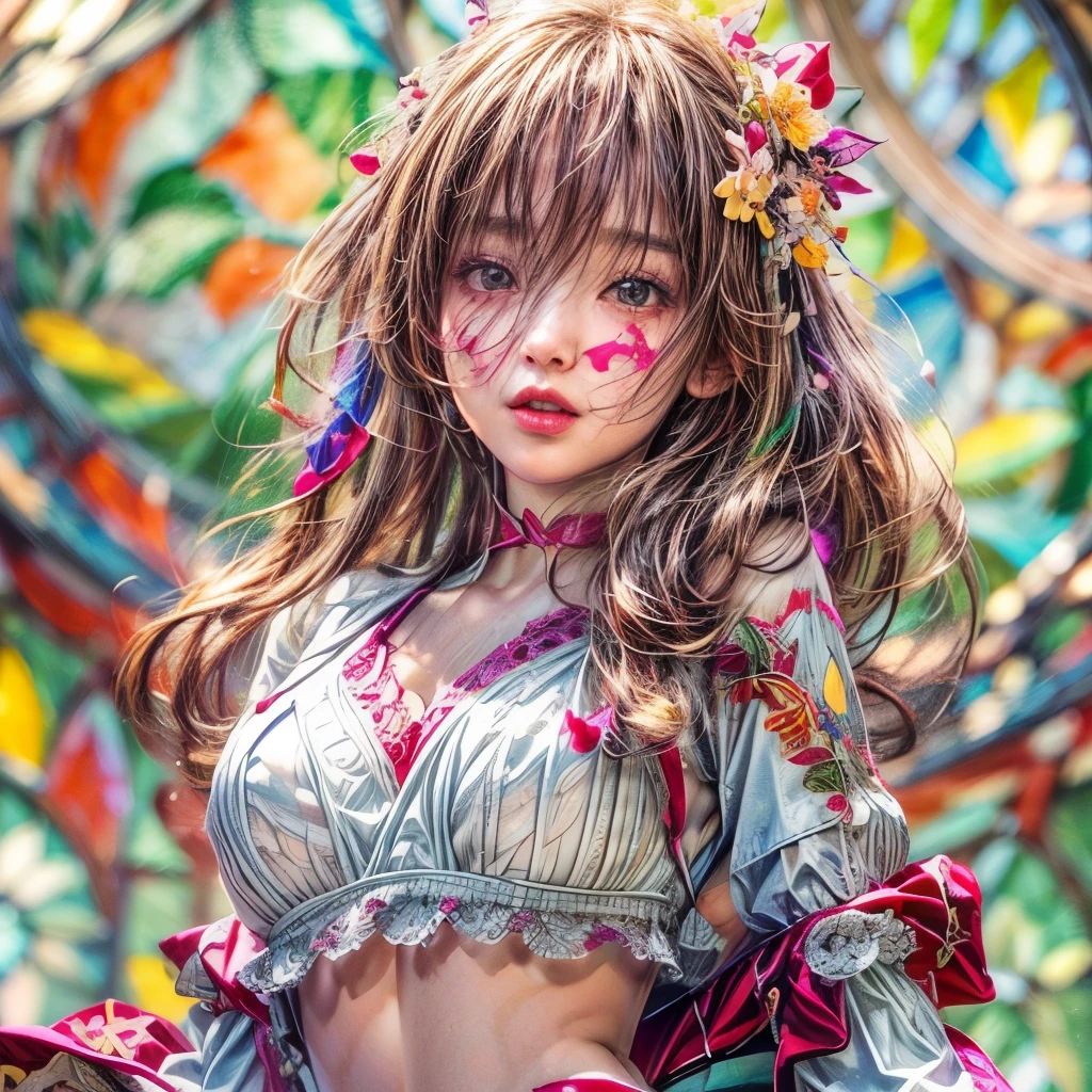 (NSFW:-0.98) . White and Red, (Dazzling colorful light pours down and reflects:1.2), (Physically-based Rendering with incredible detailed Textures), Award-winning Masterpiece of professional Analogue photograpy, { (((Photorealistic:1.37))) | (Hasselblad with F2.8) }, (((Acutance:0.99, Dynamic- Closeup:1.37), { from below | from side } )) . (KAWAII girls in (school uniform)) with visible Overflowing Cleavage and Navel without bra . (((Extremely detailed KAWAII face variations)) with joyful expressions), { Glossy cute Lips Closeup | Detailed natural eyes with sparkling highlights and long eyelashes | Rosy cheeks | Navel | (pretty Ass) | (Overflowing underboob) | Oiled ivory skin Details | White panties with (blood seeping only in crotch area) | ((full of Flowers covering girl's body:1.15)) | (((Dazzling colorful stained glass with stunning elaborate details:1.2))) | Mystic sight | A Halo ling in the air | God rays | Haze | Lens flare } . Ultra-detailed, (Exposed:0.8), (((Nipple:-0.9))) .