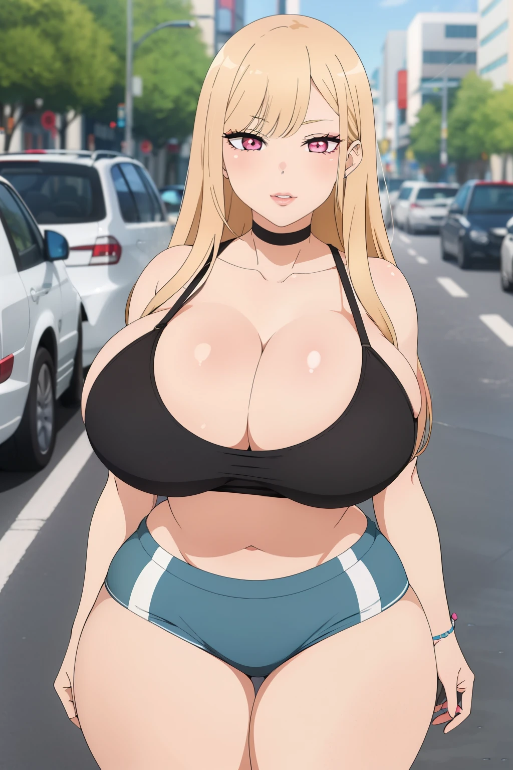 1 girl, (((bimbo))), perfect face, perfect eyes, looking at viewer, blonde hair, puffy lips, thick lips, wide hips, thick thighs, craving lust face, huge natural breasts, cleavage, mature mom, perfect face, perfect eyes, pink eyes, outdoors, city street, tokyo, sports bra, sports shorts, blond hair, long hair, black neck choker, kitagawa marin, cowboy shot, sexy pose, vivid colors