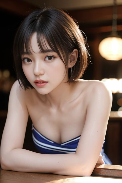 All nude,slim,topless,underless,Small breasts、Small breastiddle School girls、８ｋhigh resolution、RAW shooting、Highest quality、Blue Choker、Bob Hair、middle School girls、In the hot springs、night、Upper Body、blue eyes、smile