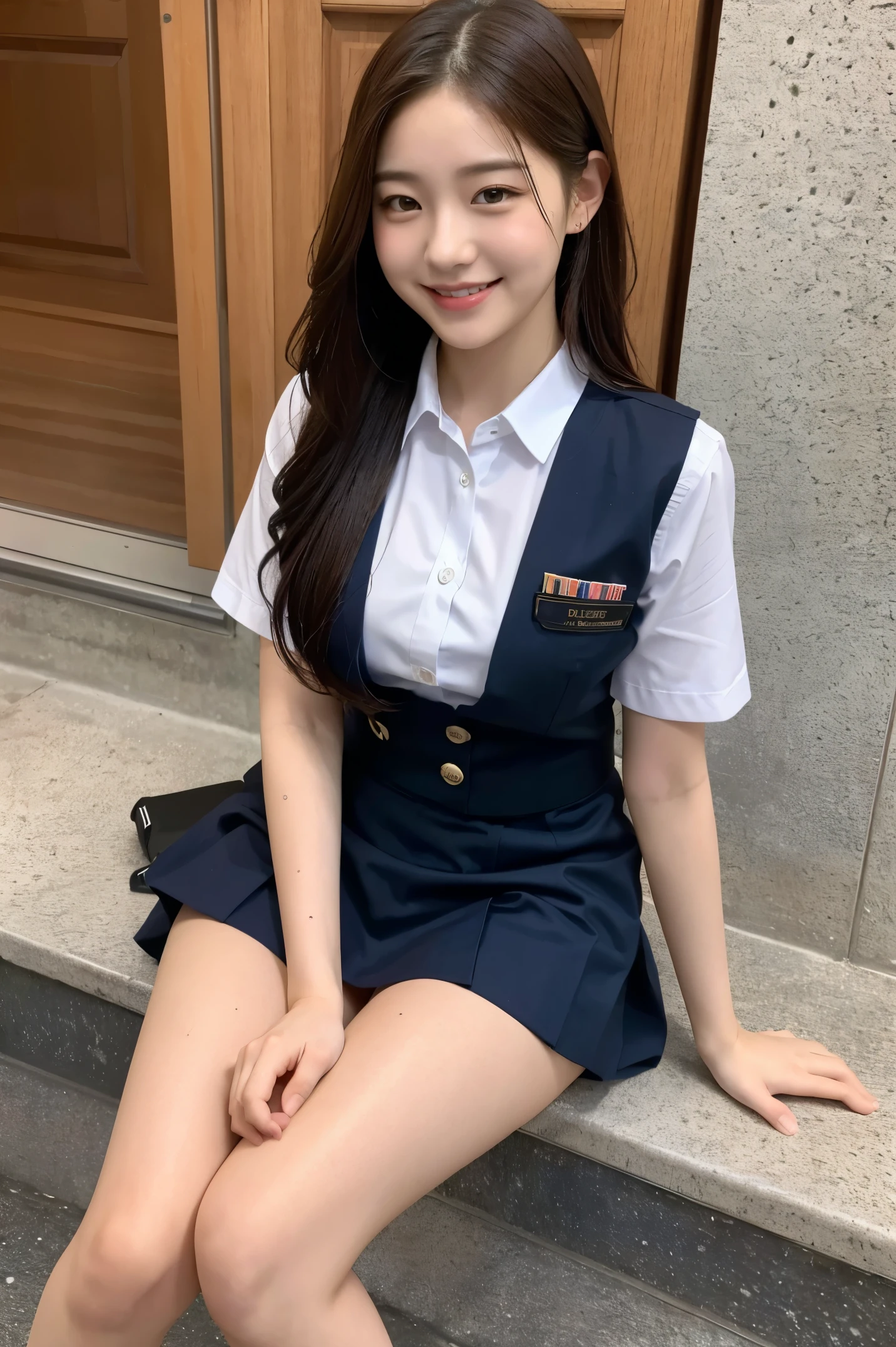 (8K), (highest quality: 1.2), (realistic), (realistic: 1.37), ultra high resolution, 1 girl, cute, smile, closed mouth, beautiful details, beautiful nose, whole body, wet hair, giant dulcefo, pork meat, school uniform, thighs, legs open, not wearing pants