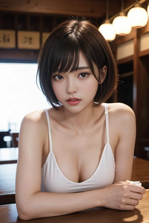 (Hi-Res), (absurderes), (finely best quality), (hightquality), (​masterpiece),be shy、a smile、Peachy Hair、Amber eyes、short-cut、shorth hair、Straight hair、 Hair above one eye, (large full breasts), white thighhig, Wet,perspiring,Embarrassing,8K,high-level image quality,Show cleavage,Cinematographic lighting,Beautiful fingers,Well-formed fingers,High Details,Sony FE GM,kawaii,Eye of the Heart,embarrassed from,droolng,Navel out、perspiring、Wet、爆乳、de pele branca、bright hair、with blush cheeks、Crystal clear white skin、Shining eyes、on the beds、colored contact lenses、anime styled、motion line、Sparkling eyes、Super burst breasts、Milk that seems to burst、taut breasts、enormous breasts、Drooping sweat、Shoulder to shoulder、shinny hair、After the Zuri、Lower breast、Too big milk、Defeated clothes、Show cleavage、Starry Eyes、、maikurobikini、droolng、Drooling Shiny Sequins　latex