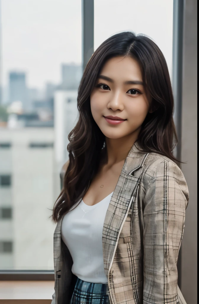 (Full body, upper body), ((Best Quality, 8K, unreal engine, RAW photo)), (Image, Photograph), (Imada Mio:1.0), (Jisoo:0.5), Photos of young Japanese women named Haruka, 27 years old, standing at a modern office, beautiful face, very small chest, long black hair, white skin, light eyebrow, (wearing school uniform, plaid skirt, Casual clothing, dressed casually), highly detailed glossy eyes, high detailed skin, skin pores, beautiful, super fine face, exquisitely rendered details on face and skin texture, organic, stunningly beauty, smile, diffuse lighting, ornate, smooth, model pose