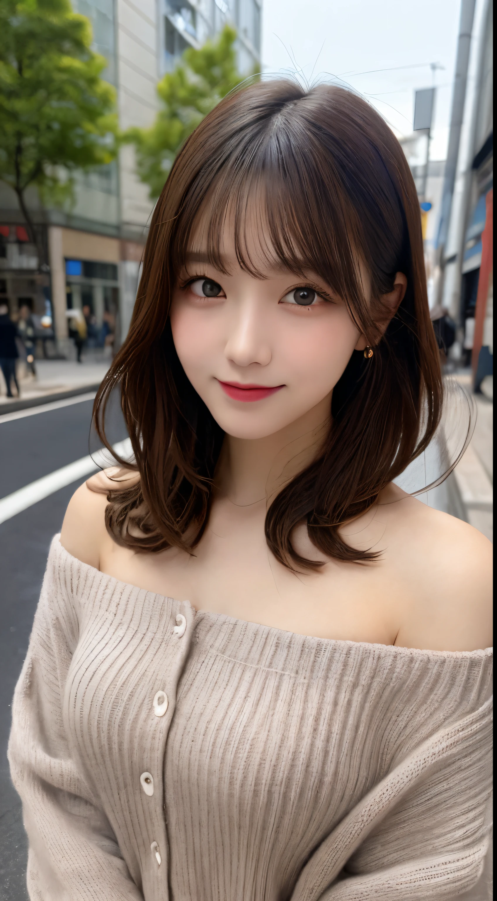 masutepiece, Best Quality, Illustration, Ultra-detailed, finely detail, hight resolution, 8K Wallpaper, Perfect dynamic composition, Beautiful detailed eyes, Fluffy winter clothes with coat and off-shoulder knit,waved hair,small tits、Natural Color Lip, Bold sexy poses,Smile,Harajuku、20 years girl、Cute、Sexy shot looking at camera,Ultra-realistic raw photos