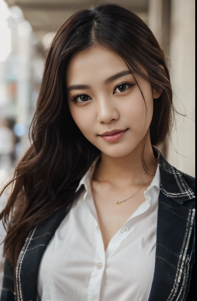 (Full body, upper body), ((Best Quality, 8K, unreal engine, RAW photo)), (Image, Photograph), (Imada Mio:1.0), (Jisoo:0.5), Photos of young Japanese women named Haruka, 27 yo, standing at a modern office, beautiful face, very small chest, long black hair, white skin, light eyebrow, (wearing school uniform, plaid skirt, Casual clothing, dressed casually), highly detailed glossy eyes, high detailed skin, skin pores, beautiful, super fine face, exquisitely rendered details on face and skin texture, organic, stunningly beauty, smile, diffuse lighting, ornate, smooth, model pose