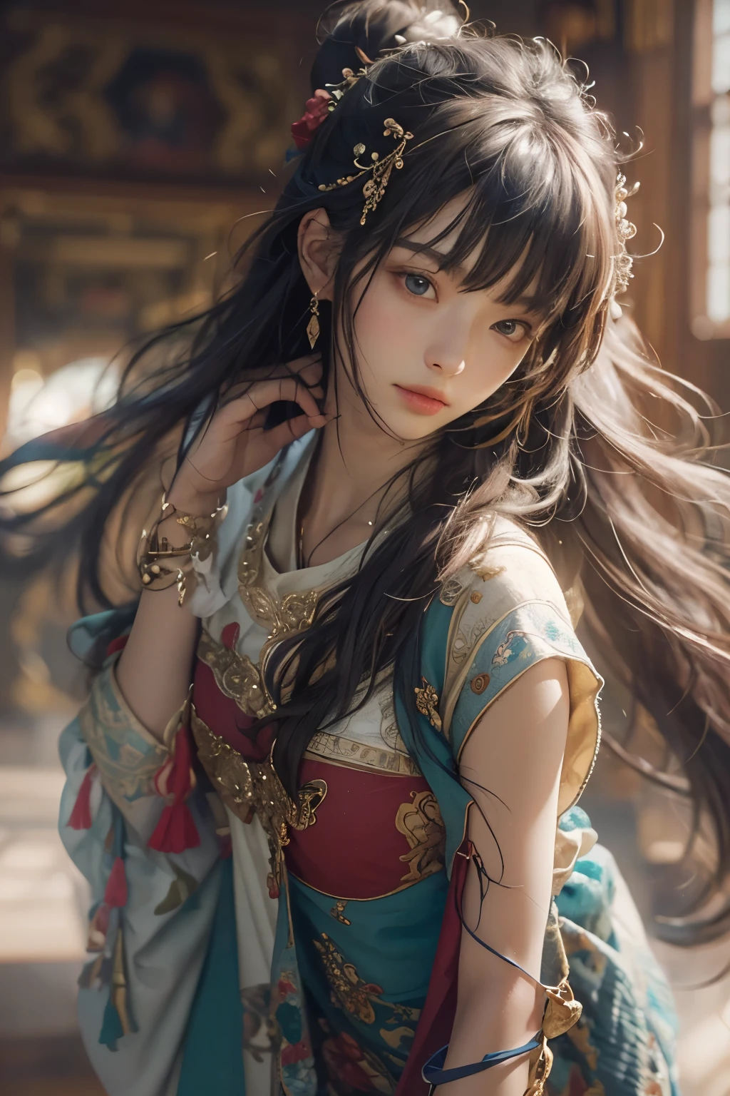 (RAW photo, best quality), (realistic, photo-realistic:1.3),best quality,highly detailed,masterpiece,ultra-detailed,illustration,1girl,upper_body,dynamic angle,world masterpiece theater,messy_long_hair,best quality,extremely detailed CG unity 8k wallpaper,ink,Amazing,cinematic lighting,lens_flare, dunhuang_style