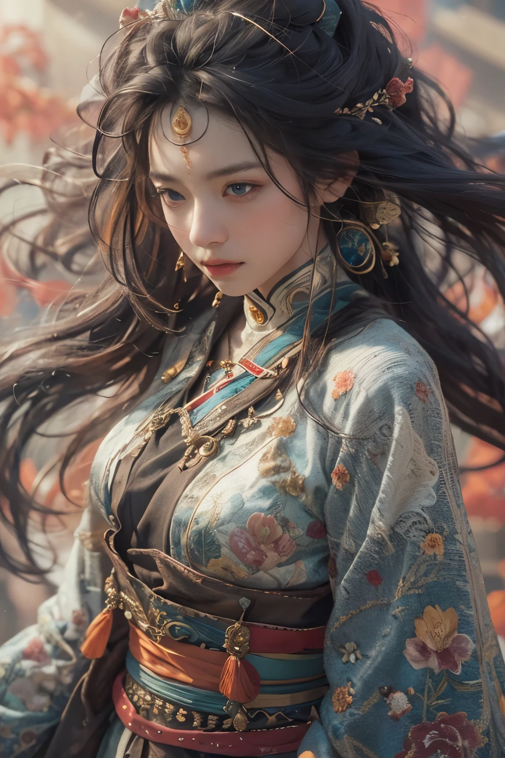 (RAW photo, best quality), (realistic, photo-realistic:1.3),best quality,highly detailed,masterpiece,ultra-detailed,illustration,1girl,upper_body,dynamic angle,world masterpiece theater,messy_long_hair,best quality,extremely detailed CG unity 8k wallpaper,ink,Amazing,cinematic lighting,lens_flare, dunhuang_style