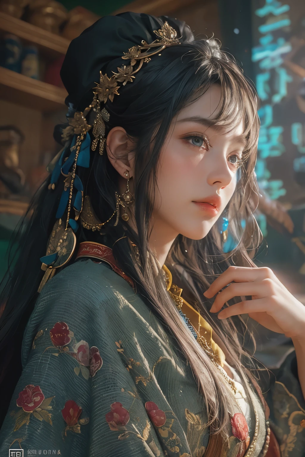 (RAW photo, best quality), (realistic, photo-realistic:1.3),best quality,highly detailed,masterpiece,ultra-detailed,illustration,1girl,upper_body,dynamic angle,world masterpiece theater,messy_long_hair,best quality,extremely detailed CG unity 8k wallpaper,ink,Amazing,cinematic lighting,lens_flare, dunhuang_style