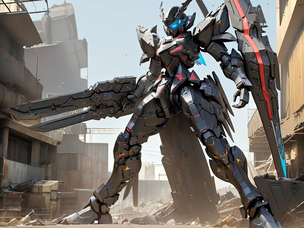 masterpiece, best quality, mecha, no humans, (full body), (black armor mecha:1.5), (Axisymmetric:1.4),(HDR), (cinematic light:1.1), blue eyes, science fiction, fire, laser canon beam, war, conflict, destroyed city background holding weapon,(holding huge weapon:1.5), holding Very large shield, mechagirl girl,