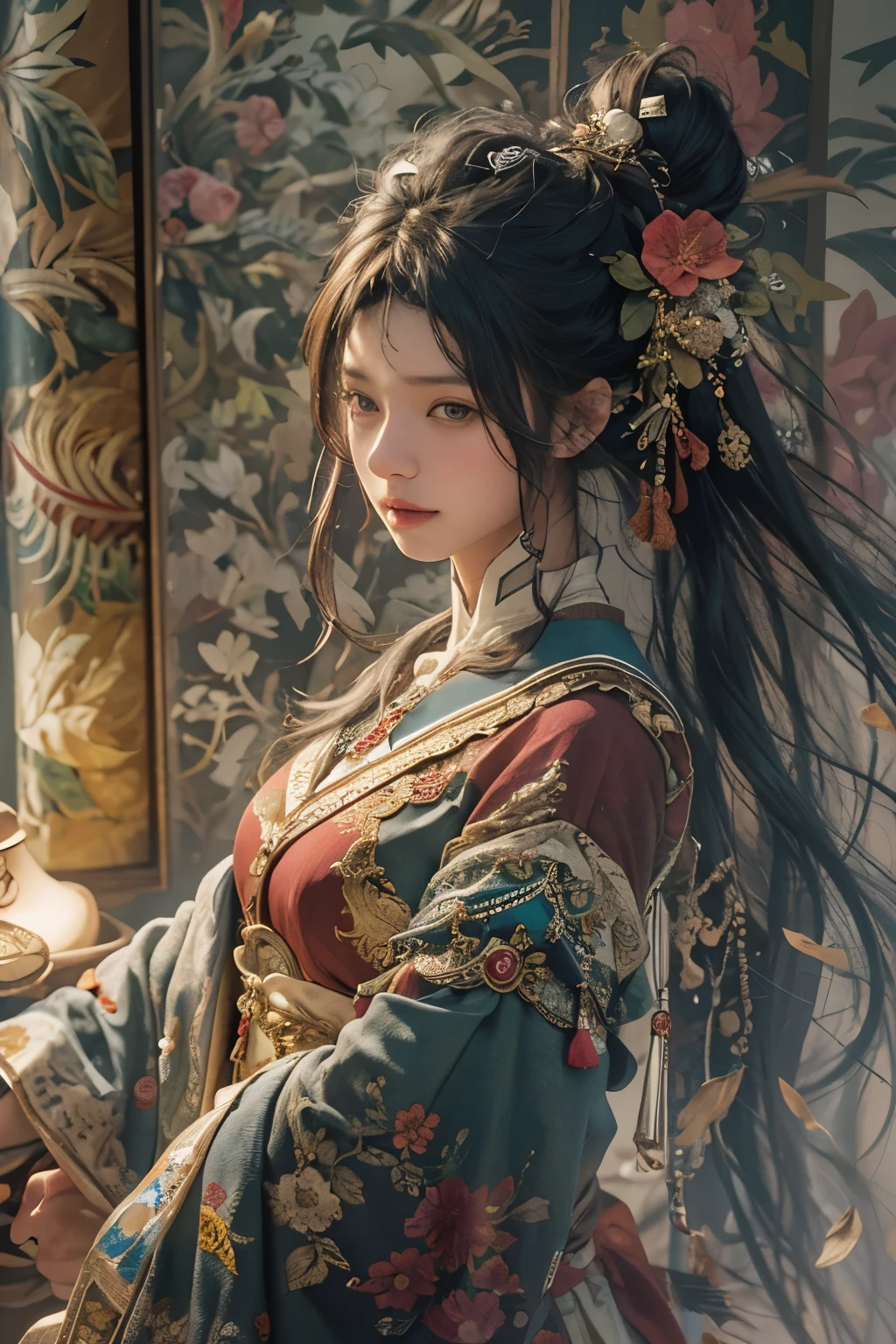 (RAW photo, best quality), (realistic, photo-realistic:1.3),best quality,highly detailed,masterpiece,ultra-detailed,illustration,1girl,upper_body,dynamic angle,world masterpiece theater,messy_long_hair,best quality,extremely detailed CG unity 8k wallpaper,ink,Amazing,cinematic lighting,lens_flare, dunhuang_style