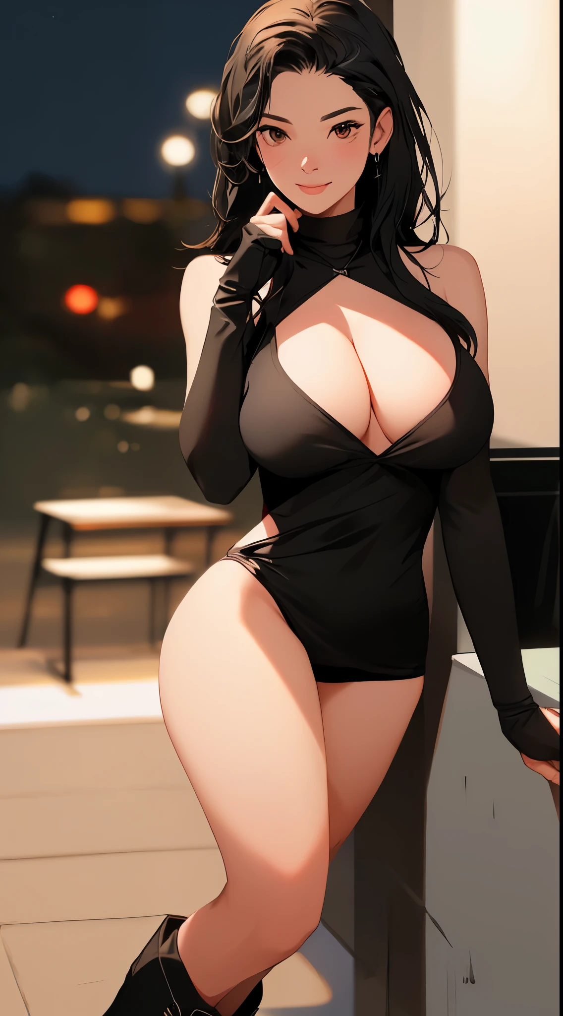 (8k, best quality, masterpiece:1.2), (actual, photo-actual:1.37), Super detailed, 1 female, alone, muscular, (huge breasts, Beautiful and delicate eyes), (Smile:1.2), (Keep your mouth shut), standing posture, depth of field, dark intense shadow, sharp focus, good composition, (nose blushing), single elbow pad, ankle boots, black hair, Red boots, elbow gloves, Elbow pads, fingerless gloves, exercise well, (Black dress with slips), Raise your legs high, white vest, whole body, headrest, lips, pretty face, Low tied long hair, (night:1.3), complex, Bokeh, Cinema lighting, photon mapping, Radiosity, Physically based rendering, (Tetsuya Nomura Style), national foundation, Perfect breasts