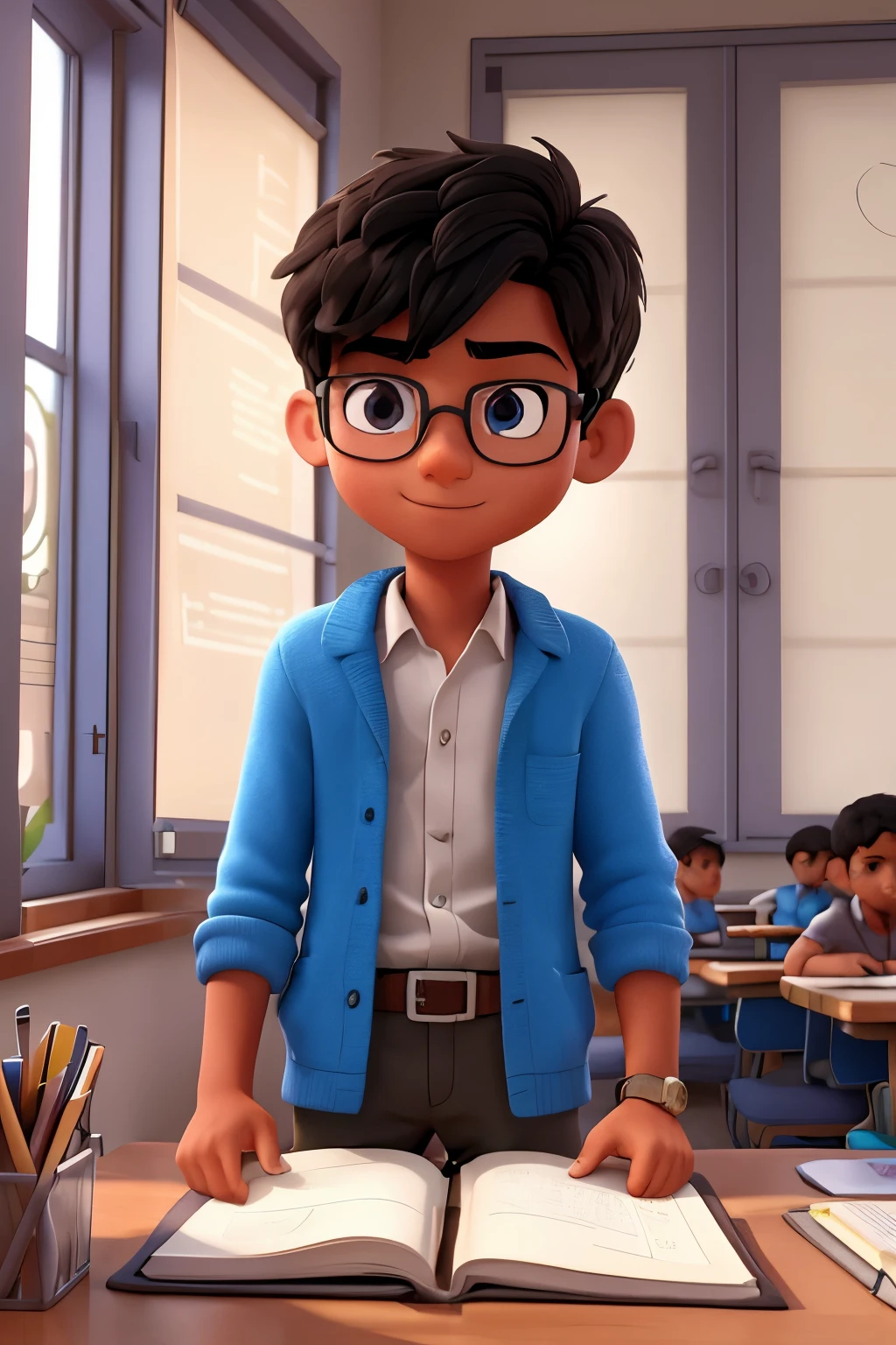 3D Illustration: A bright and intelligent college boy, hailing from India, is shown with a calculator in hand and a focused expression. The scene is set in a vibrant academic environment, with chalkboards adorned with equations and a hint of sunlight filtering through the window. The boy's facial features exude happiness and determination as he engages in his studies. The overall illustration style conveys a high level of detail and visual elegance.