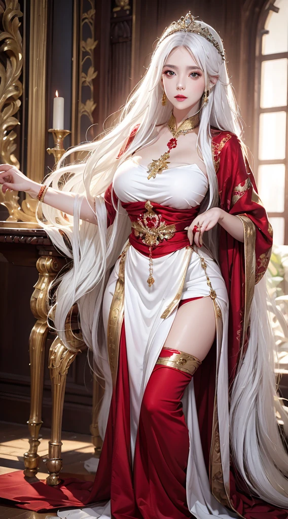 realistic, high resolution, 1 woman, Hip rise, beautiful eyes, white hair, long hair, tattoo, decorations, Big eyes, Red and gold dress, tiara, kneel