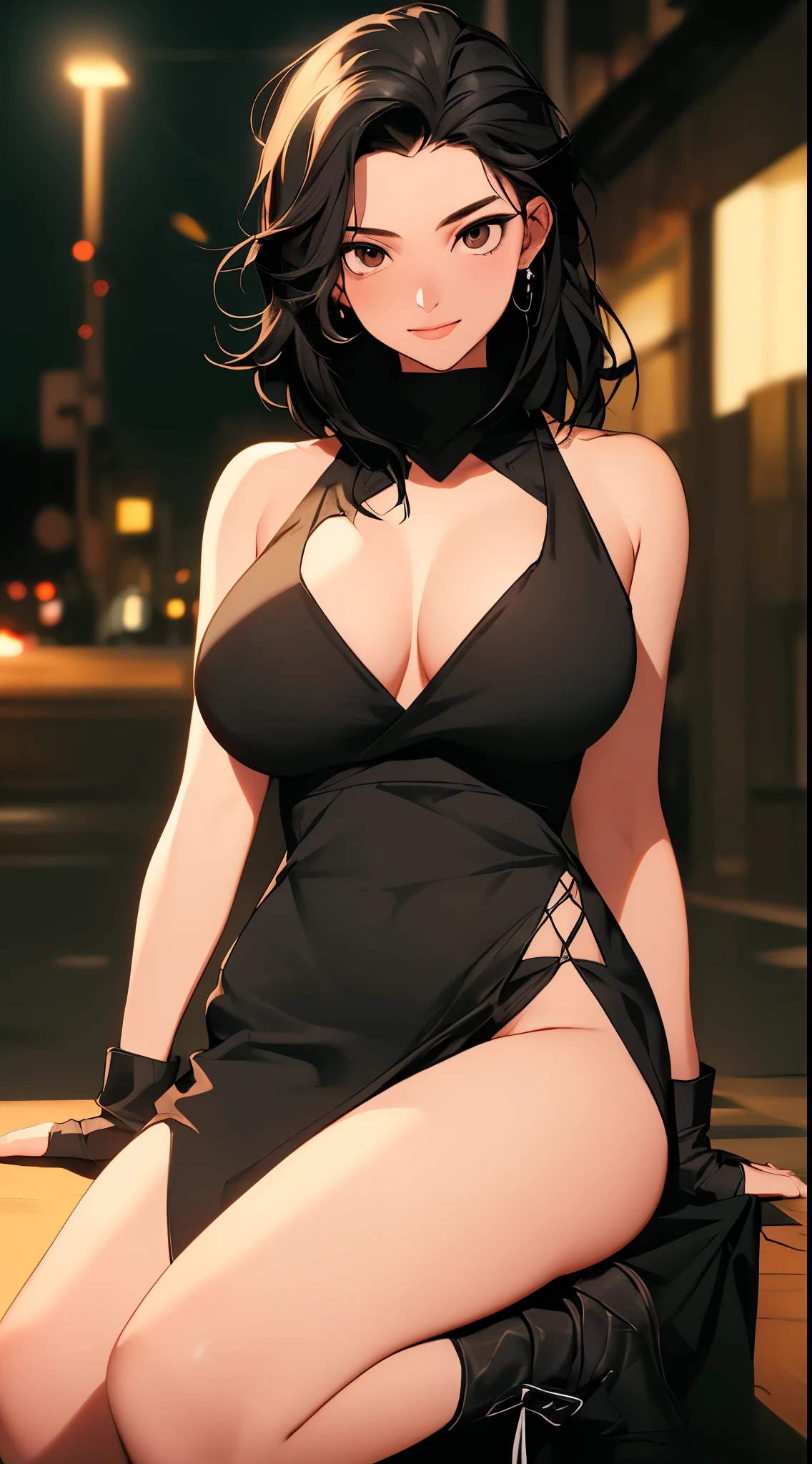 (8k, best quality, masterpiece:1.2), (actual, photo-actual:1.37), Super detailed, 1 female, alone, muscular, (huge breasts, Beautiful and delicate eyes), (Smile:1.2), (Keep your mouth shut), standing posture, depth of field, dark intense shadow, sharp focus, good composition, (nose blushing), single elbow pad, ankle boots, black hair, Red boots, elbow gloves, Elbow pads, fingerless gloves, exercise well, (Black dress with slips), Raise your legs high, white vest, whole body, headrest, lips, pretty face, Low tied long hair, (night:1.3), complex, Bokeh, Cinema lighting, photon mapping, Radiosity, Physically based rendering, (Tetsuya Nomura Style), national foundation, Perfect breasts