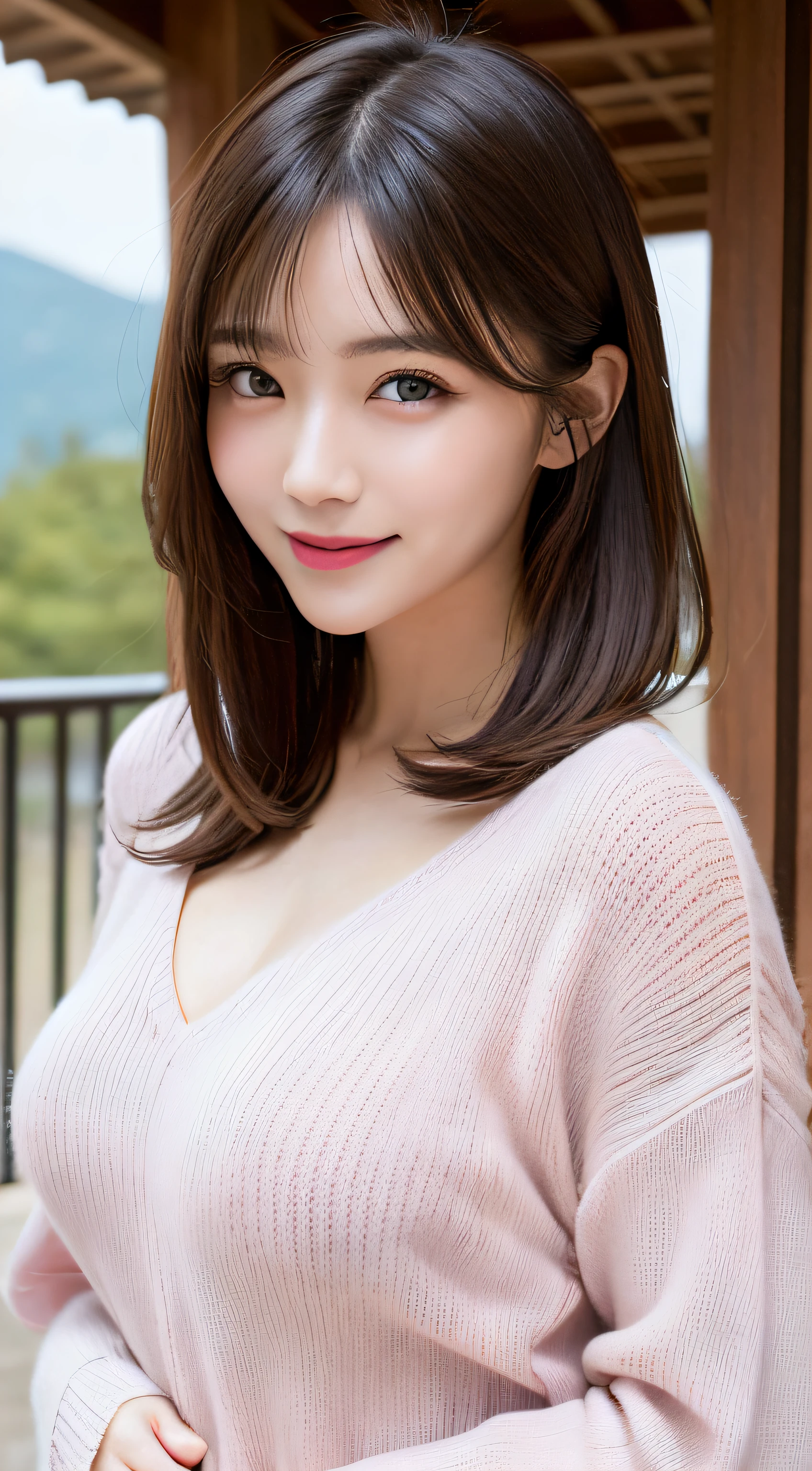 masutepiece, Best Quality, Photorealsitic, finely detail, hight resolution, 8K Wallpapers, Perfect dynamic composition, Beautiful detailed eyes, Medium Hair, Tied hair、large full breasts, Random and sexy poses,Bring your chest together、(Tight pink see-through knitwear)、(Breast bulge 1.3)、A smile、open open mouth、The tip of the tongue is visible、(Licking Tongue 1.5)、Beautiful resort scenery、25-years old、(Drooping eyes 1.4)、Adult beauty、japanes、Staring at the person taking the photo