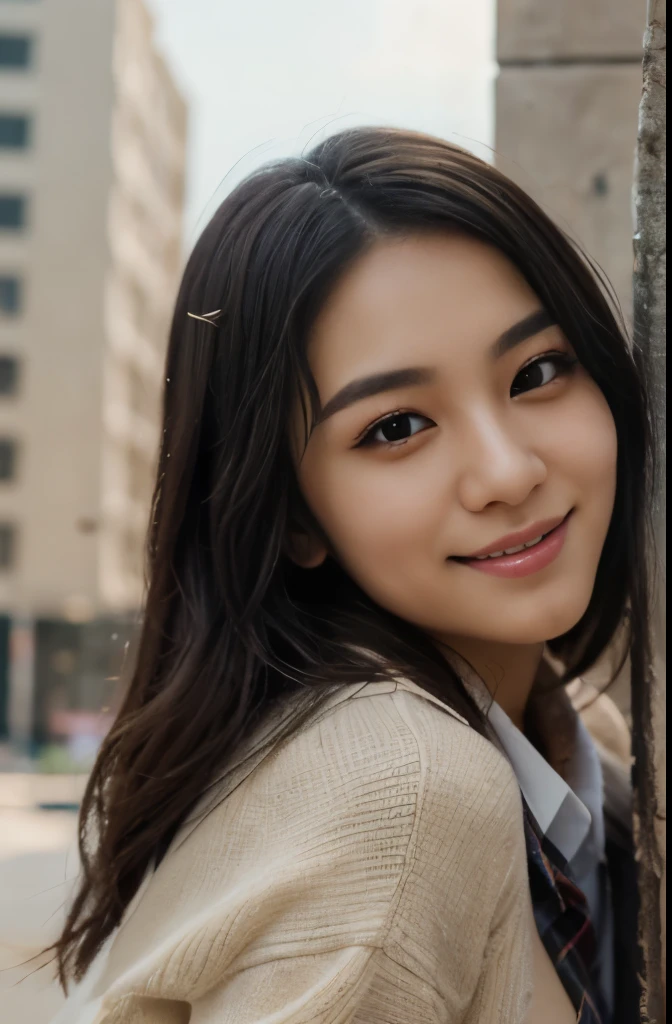 ((Best Quality, 8K, unreal engine, Masterpiece:1.3)), hyperrealistics style, (Image, Photograph), (Imada Mio:1.0), (Jisoo:0.5), Photos of young Japanese women named Haruka, 27 years old, beautiful face, very small chest, long black hair, white skin, light eyebrow, (wearing ,school uniform, plaid skirt, Casual clothing, dressed casually), looking at the viewers, sky scenery, highly detailed glossy eyes, high detailed skin, skin pores, beautiful, super fine face, exquisitely rendered details on face and skin texture, organic, stunningly beauty, soft and smooth body, smile, diffuse lighting, ornate, smooth