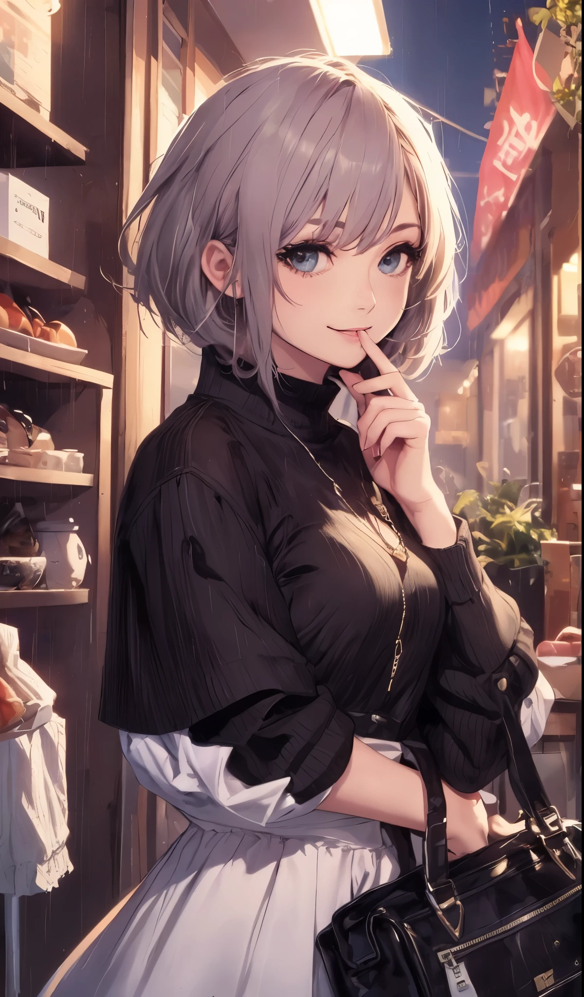 fashion model(k includes、north african trade zone、top quality、Masterpiece:1.2)、(realistic、Realism:1.37)、Super detailed、1 girl、cute little、solo、beautiful detailed sky、Detail of cafe、night、date、(a smile:1.15)、(a closed mouth)small 、beautiful fine eyes、night、rain、(short hair:1.2)、floatNovaFrogStyle