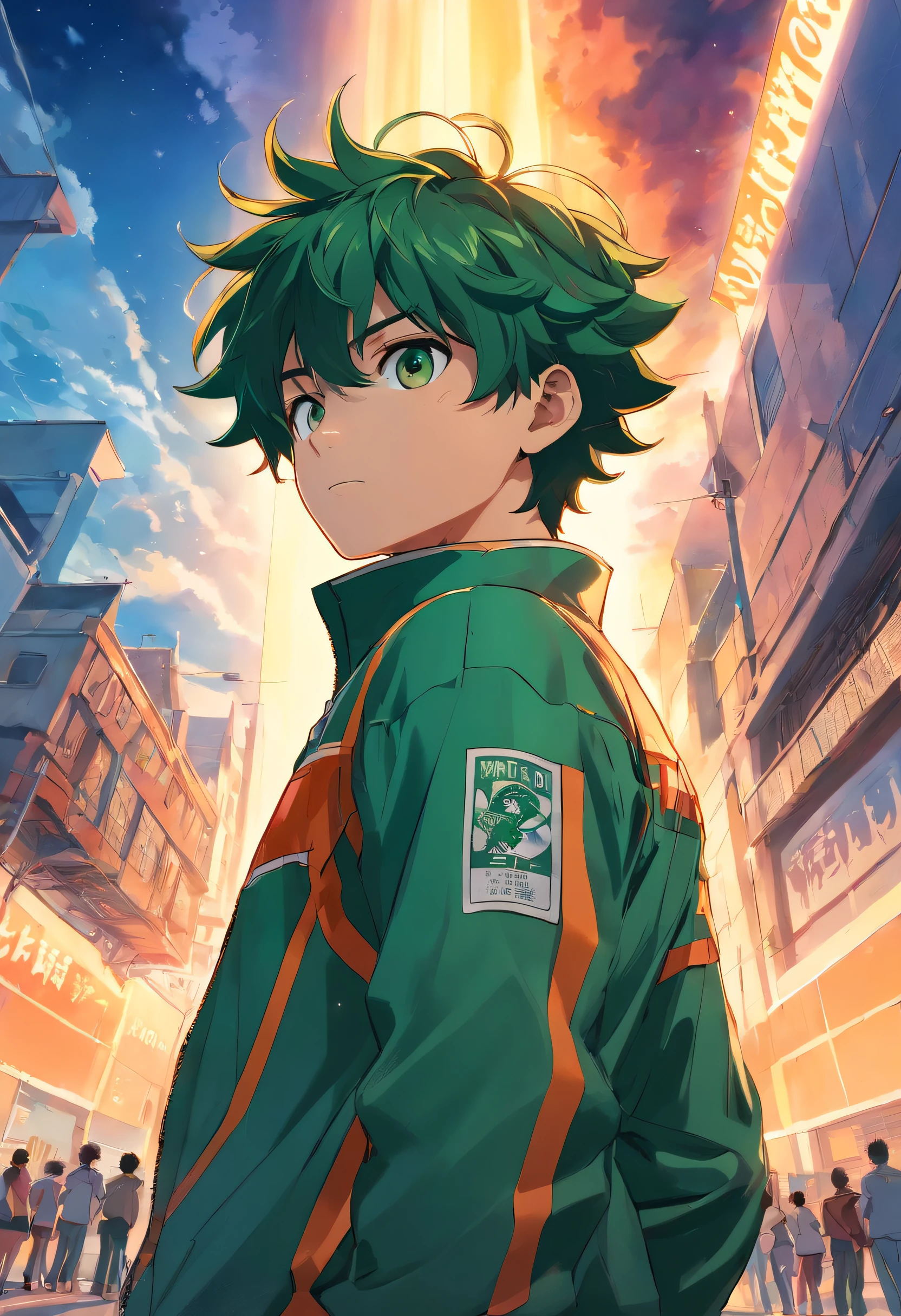 "Create a stunning movie poster inspired by Kohei Horikoshi's my hero academia, showcasing Deku in his iconic hero uniform gazing into the mesmerizing sunset."