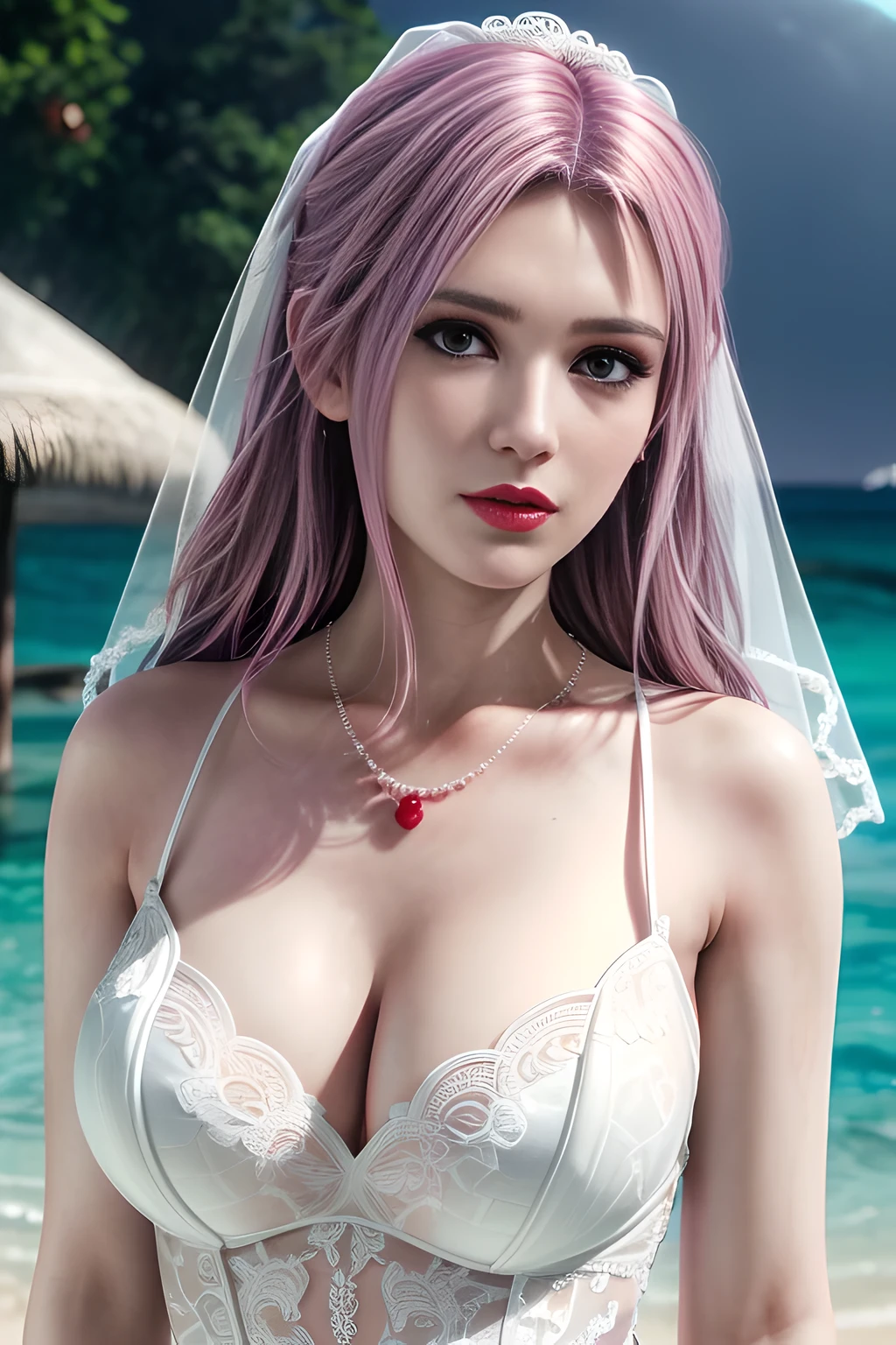 1 girl,Alice,(in wedding dresses:1.4),(Beaches in the Maldives),jewelry,grace,(((red lips))), Lips slightly open, lustful smile, clavicle,charming figure,huge breasts,Charming cleavage,((8k, original photo, top quality, masterpiece), HD RAW color photos professional close-up photos, (actual, photorealism: 1.37), (best quality), (best shade), ((erotic, Sexy, ultra high resolution, HD CG unified 8K wallpaper, Physically based rendering, movie lighting),alone,