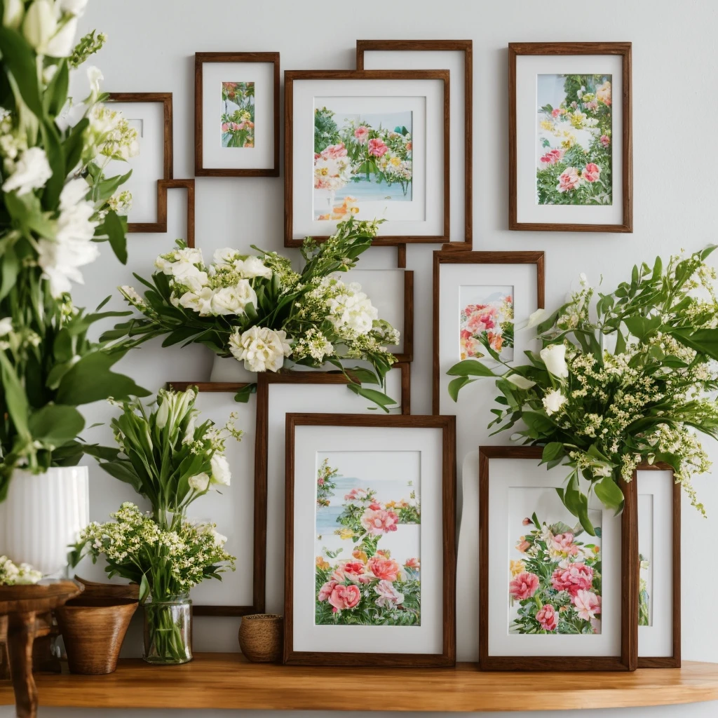 https://image.cdn2.seaart.ai/static/upload/20240111/21f47a6f-9ff7-44de-9bcb-52984f204386_high.webp there are two vases of flowers and a picture frame on a shelf, beautiful frames, picture frames, in a frame, inside a frame on a tiled wall, flower frame, indoor picture, frame around picture, framed in image, very beautiful photo, beautiful photo, dslr photo of a vase on a table, beautiful wooden frame, soft vignette, still photograph