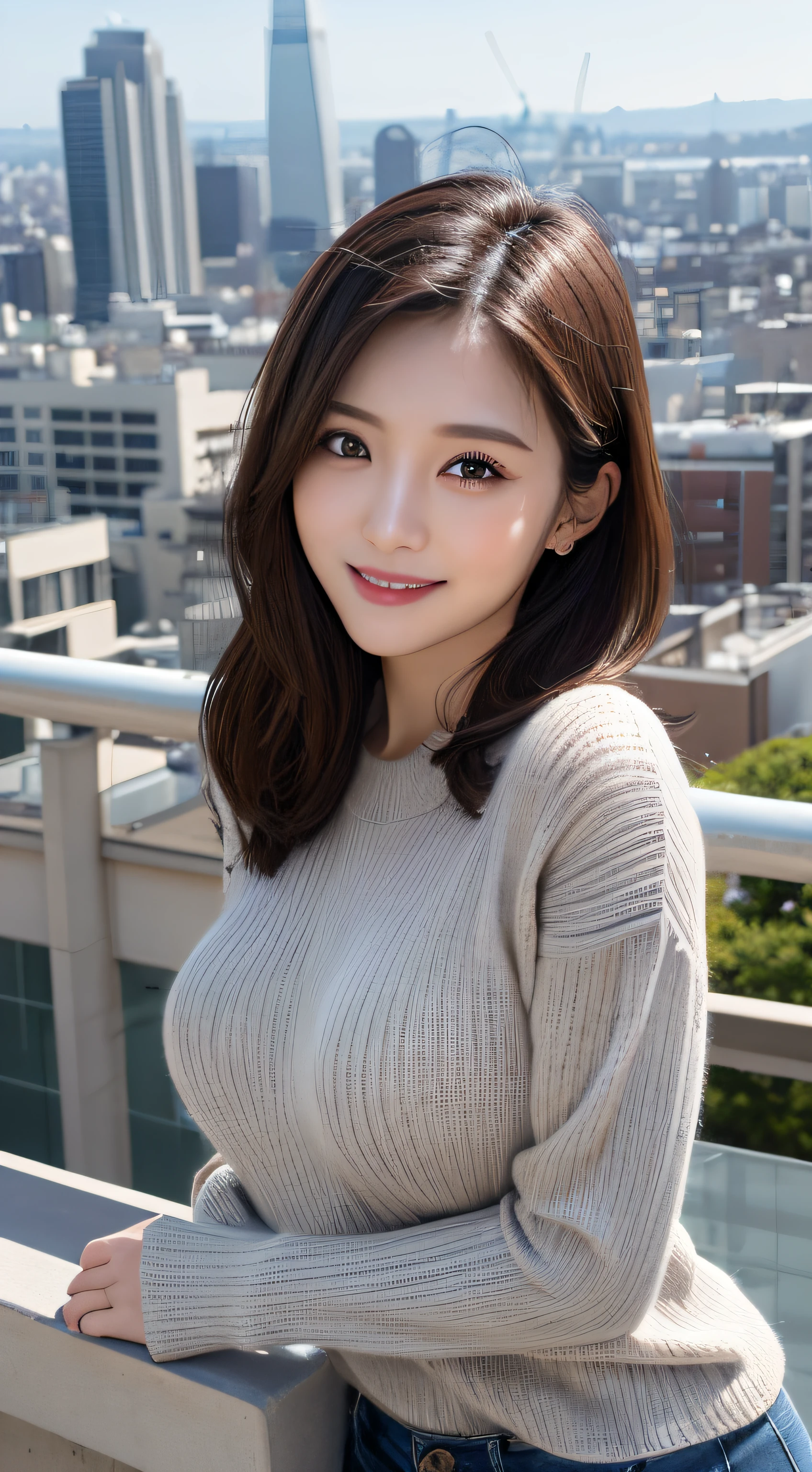 masutepiece, Best Quality, Photorealsitic, finedetail, hight resolution, 8K Wallpapers, Perfect dynamic composition, Beautiful detailed eyes, Medium Hair, large full breasts, Random and sexy poses,Random cases、(Skinny Grey Knitwear)、(Breast bulge 1.2)、A smile、Overlooking the city、25-years old、(Drooping eyes 1.3)、Adult beauty、jpn