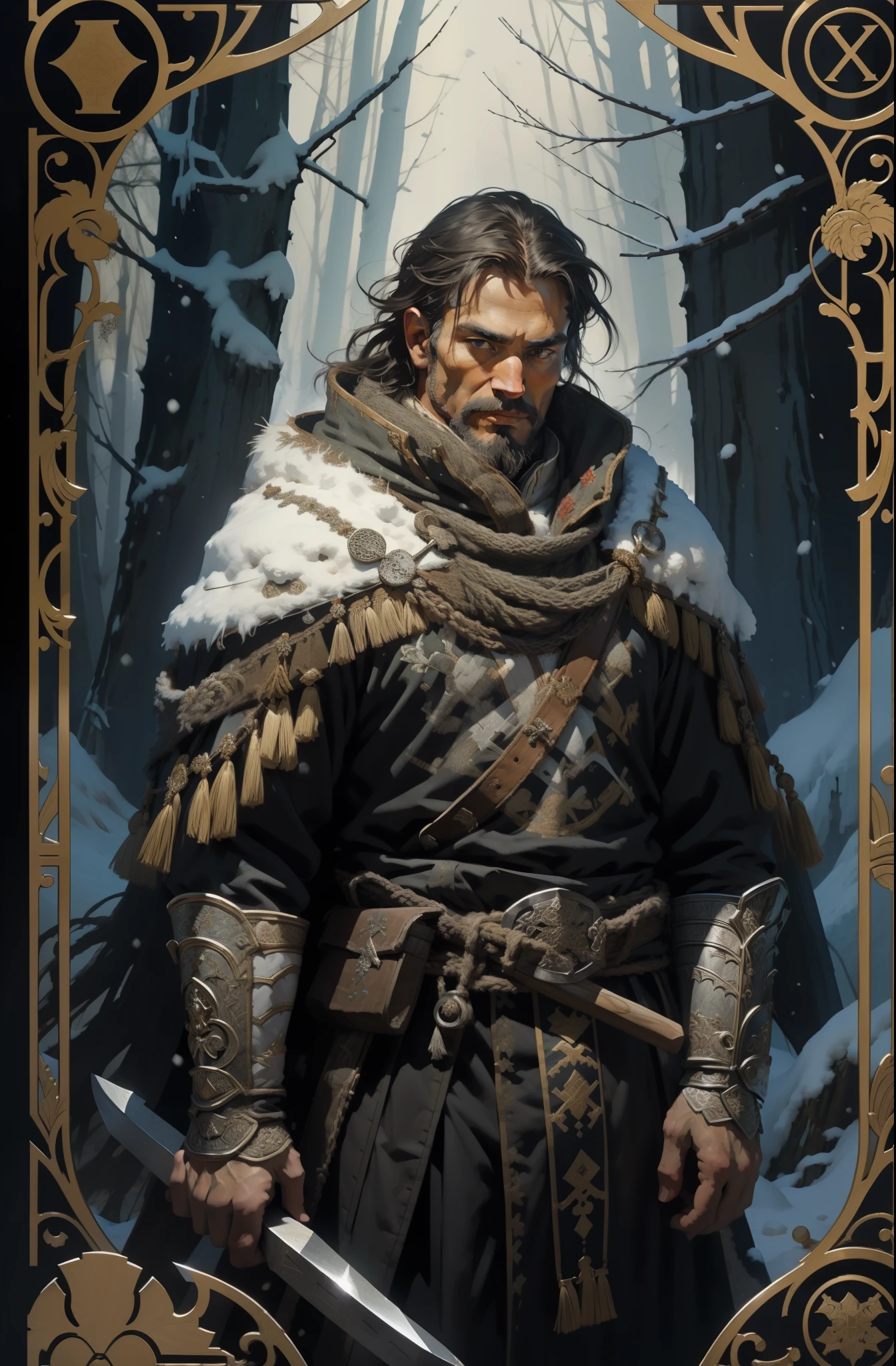man, in traditional clothes of the peoples of the North, with an axe in his hands, snow forest background, tarot style, medieval patterned frame