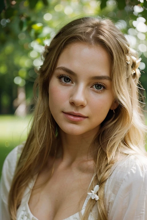 Produce a portrait that portrays a graceful and serene pose of a woman, with an emphasis on a high level of realism. Use natural lighting to showcase the subject's youthful features, and create an image that feels like a genuine, artfully composed moment, with attention to the fine details of the surroundings. Blonde hair. Slavic origin. Polish girl.