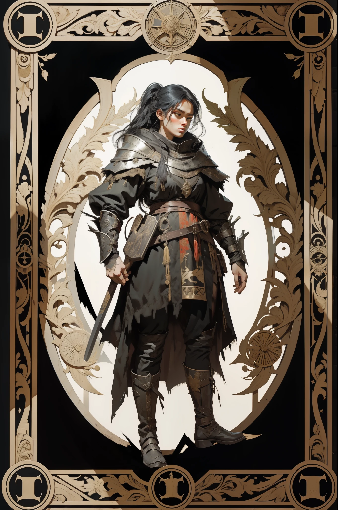 woman, the national dress of the peoples of the North, a hunter, an axe in her hands, loose black hair, dark forest background, tarot style, medieval patterned frame