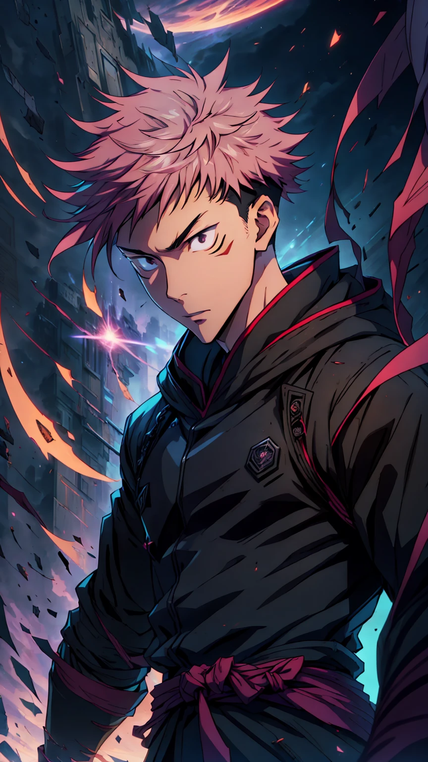 1boy, full body shot, 173 cm, itadori yuuji, black outfit, pink hair, battle pose,  red and dark moon city night background, wallpaper, cinematic,High resolution 8K, Bright light illumination, lens flare, sharpness, masterpiece, top-quality, The ultra -The high-definition, high resolution, extremely details CG, Anime style, Film Portrait Photography,masterpiece,hyperdetail