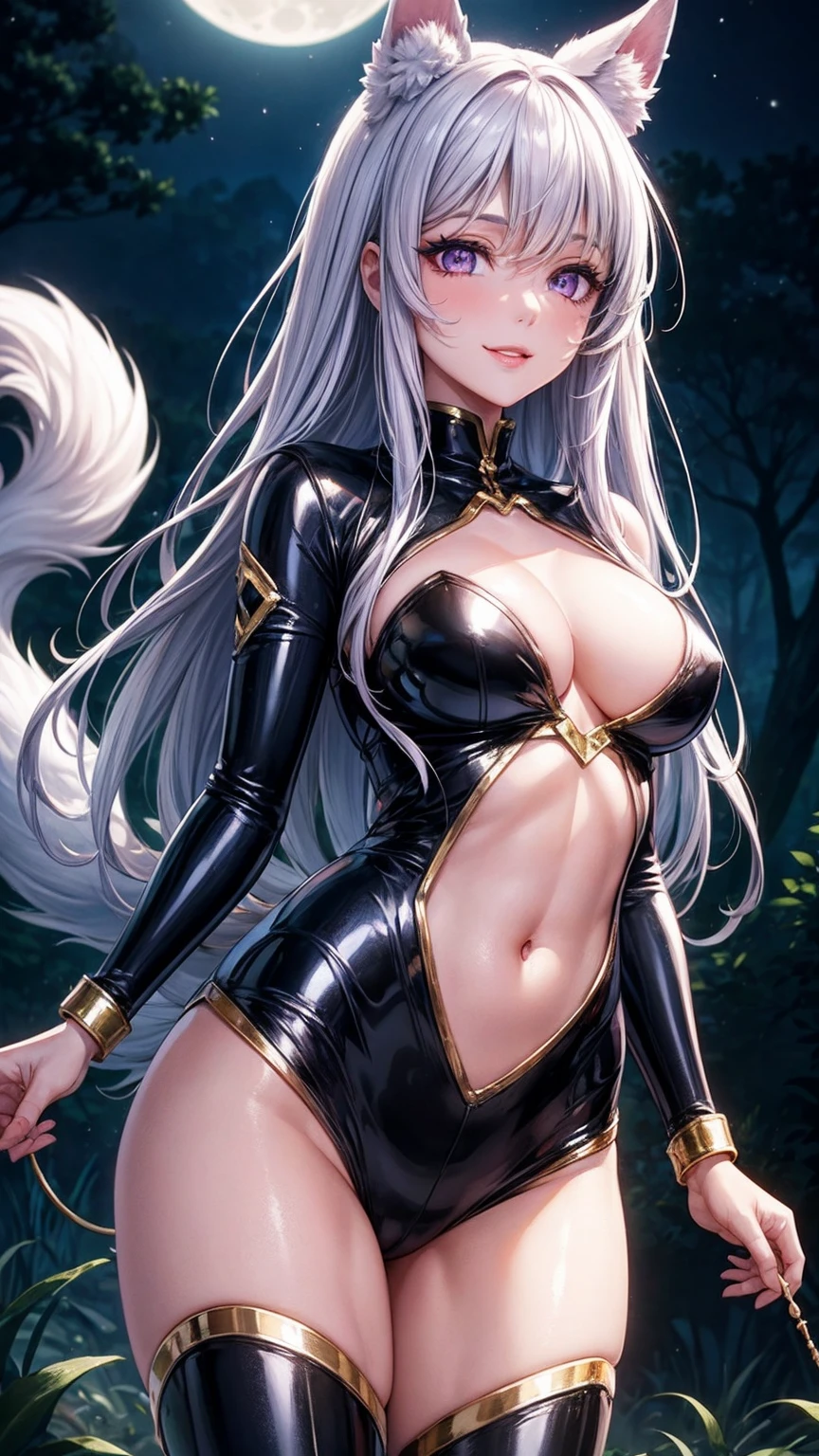 A girl, purple hair, long hair, straight hair, dog ears, bland and gold 1:2 latex suit, dog tail, fluffy tail, black tail,  purple eyes, eye shadow, medium breast, slim waist, nose, night forest background, natural moon light, front view, dominance smile, depth of field, masterpiece quality, 16k, UHD, high quality, high resolution, super detailed eyes, super detailed image,