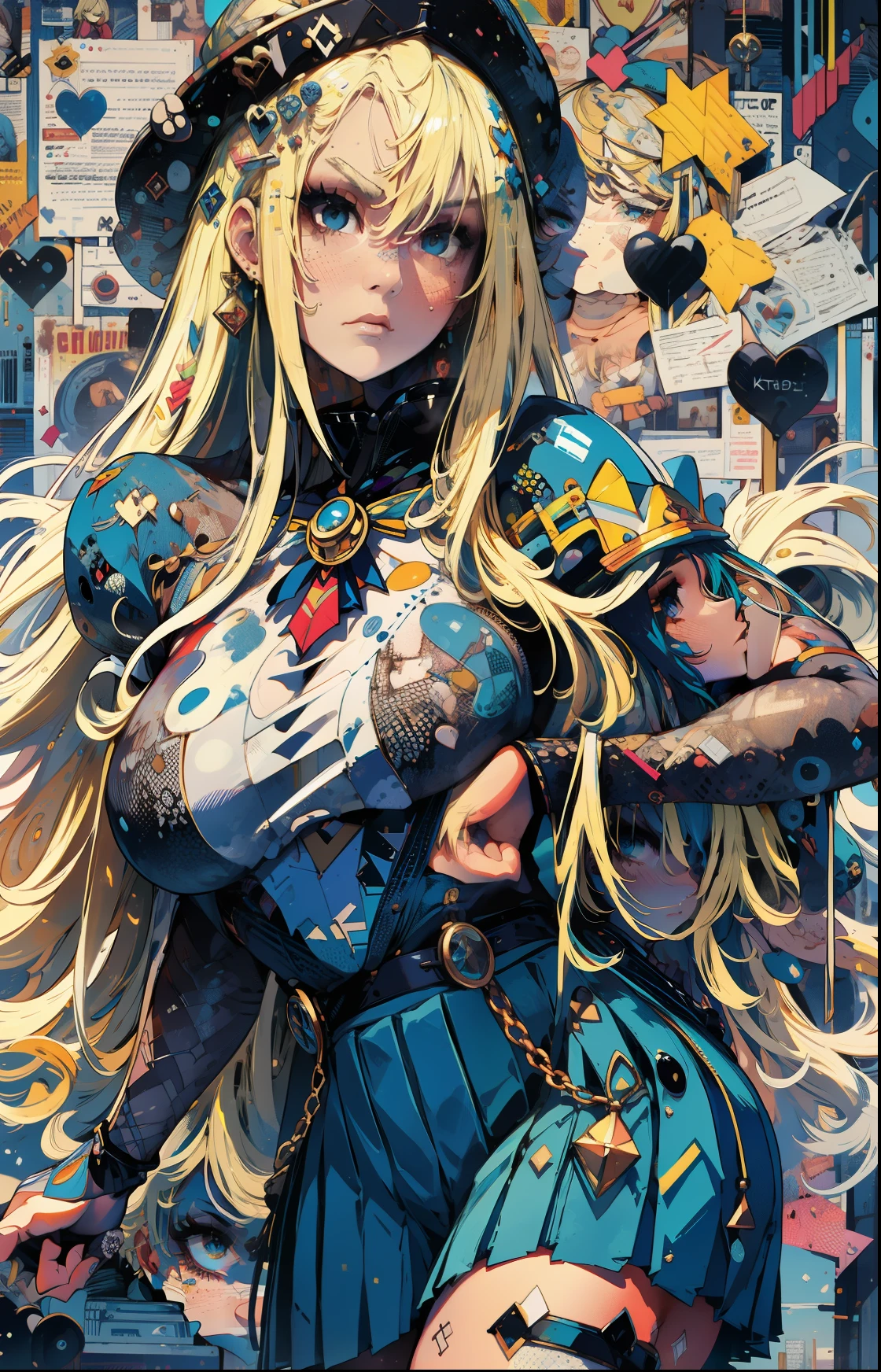 8k,masterpiece, bset quality,big, (1 girl), blue_eyes, blonde hair, long hair, professional lighting, (shiny skin: 1.2), shiny big, ((best quality)), sharp focus: 1.2, highly detailed face and skin texture, detailed eyes, perfect face, perfect body, blur art, cg, background, Big breasts, presence (20yo, mature cool and beautiful face), wearing ((blue skirt), white taut shirt, thigh), blush, (mittgal), random pose, top view, perfect eye, angry face