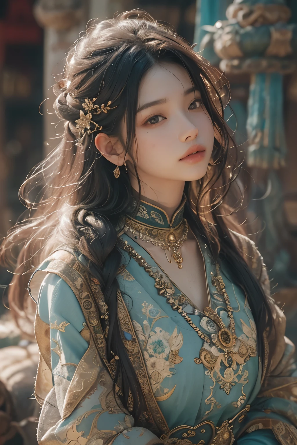 (RAW photo, best quality), (realistic, photo-realistic:1.3),best quality,highly detailed,masterpiece,ultra-detailed,illustration,1girl,upper_body,dynamic angle,world masterpiece theater,messy_long_hair,best quality,extremely detailed CG unity 8k wallpaper,ink,Amazing,cinematic lighting,lens_flare, dunhuang_style