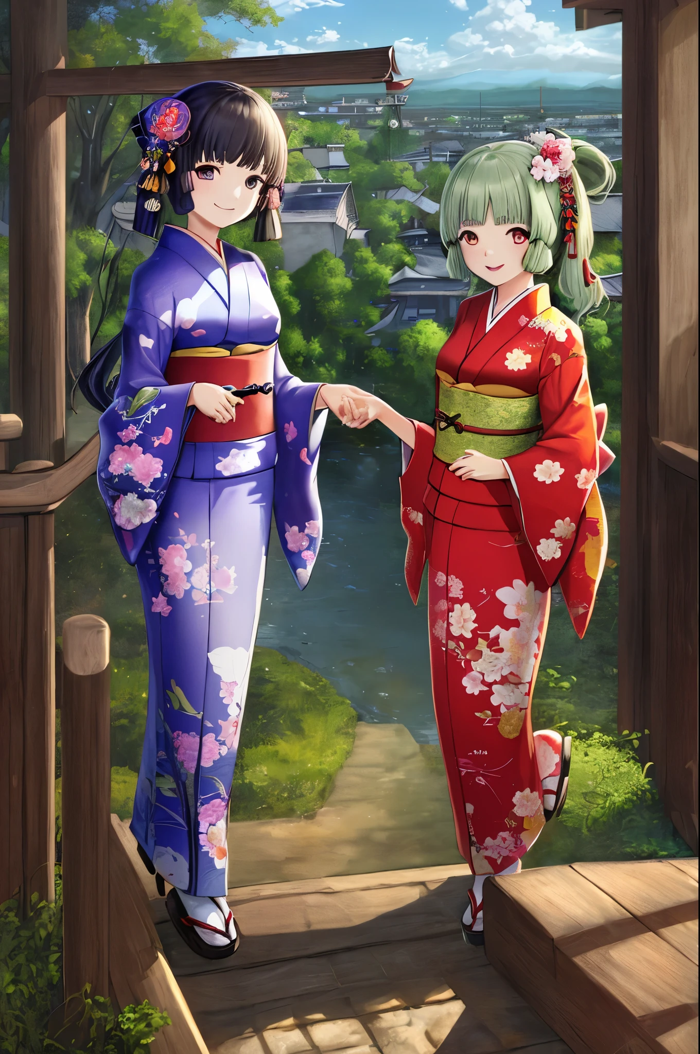 masterpiece, highres, best quality, 2girl, kamisato_ayaka, smile, kimono