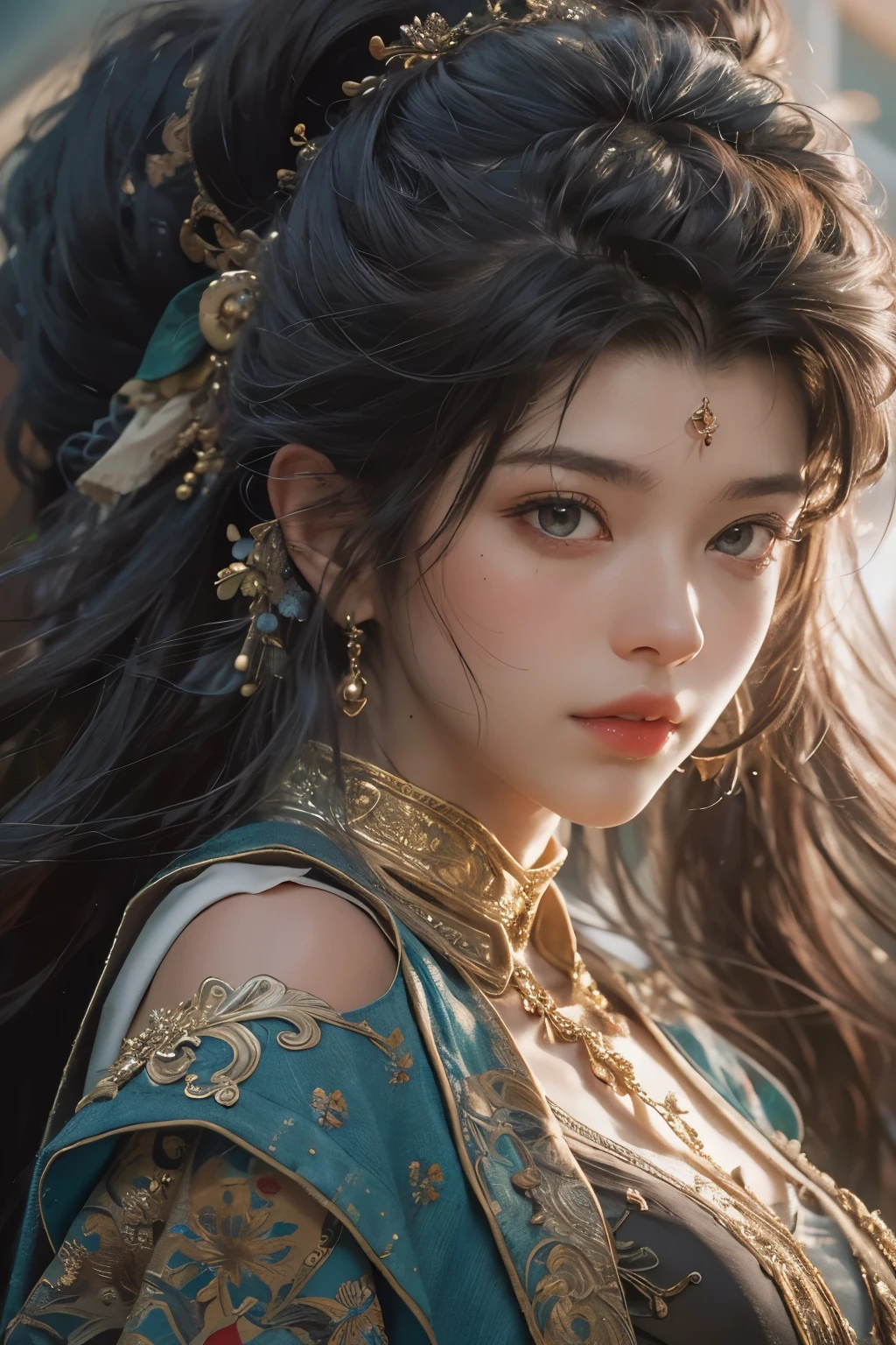 (RAW photo, best quality), (realistic, photo-realistic:1.3),best quality,highly detailed,masterpiece,ultra-detailed,illustration,1girl,upper_body,dynamic angle,world masterpiece theater,messy_long_hair,best quality,extremely detailed CG unity 8k wallpaper,ink,Amazing,cinematic lighting,lens_flare, dunhuang_style