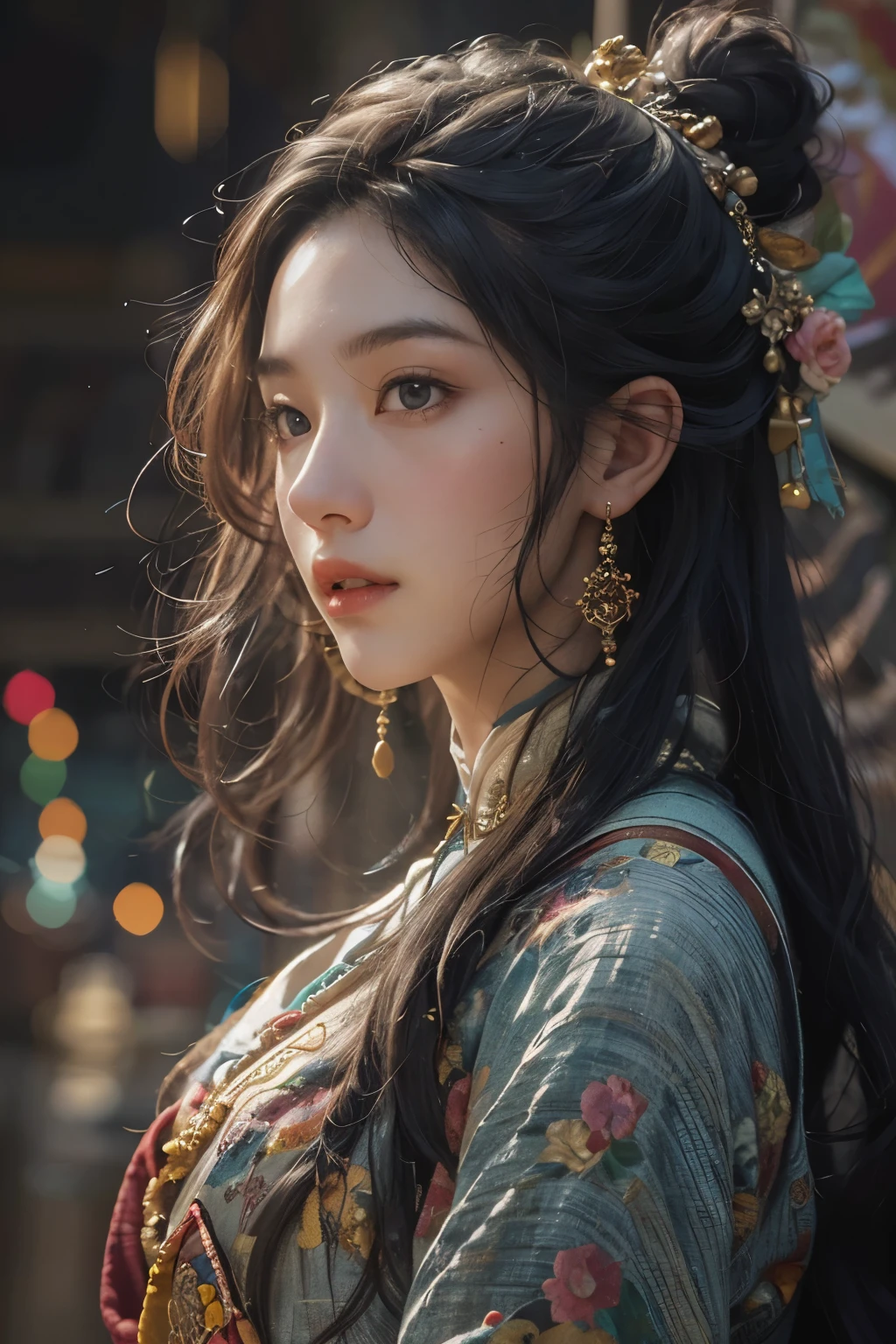(RAW photo, best quality), (realistic, photo-realistic:1.3),best quality,highly detailed,masterpiece,ultra-detailed,illustration,1girl,upper_body,dynamic angle,world masterpiece theater,messy_long_hair,best quality,extremely detailed CG unity 8k wallpaper,ink,Amazing,cinematic lighting,lens_flare, dunhuang_style